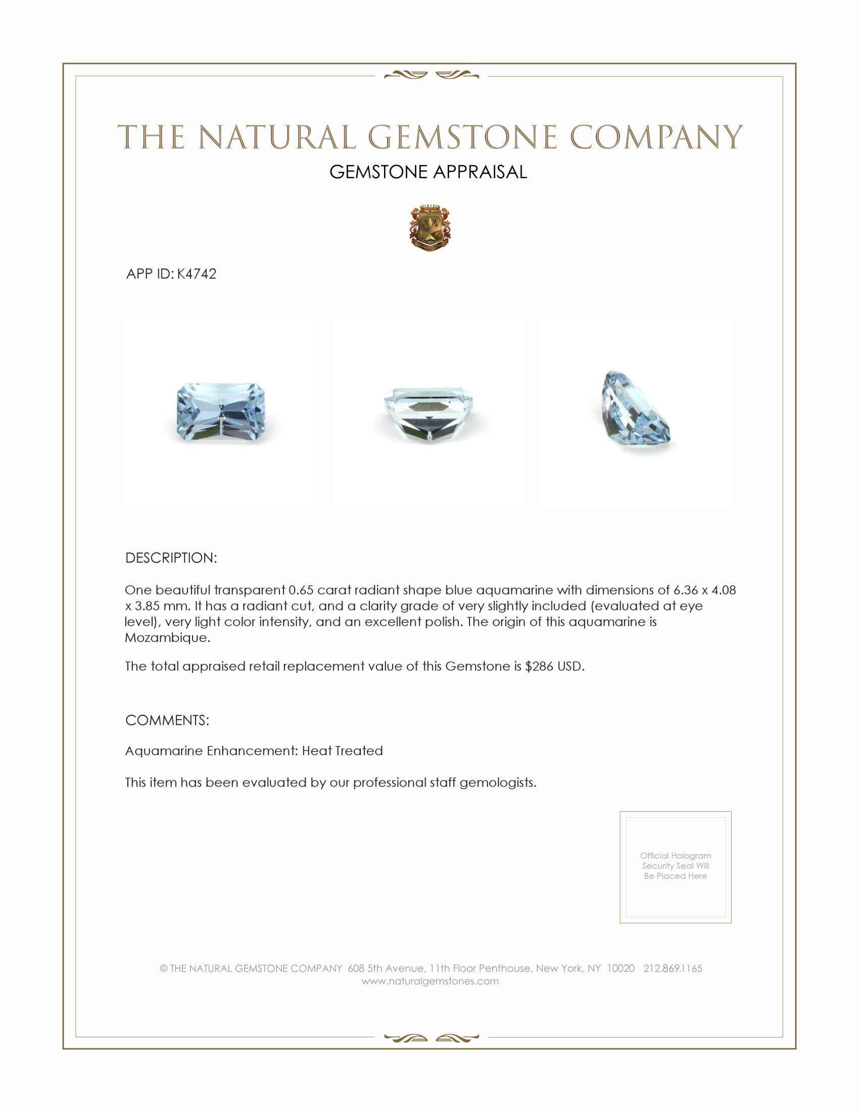 0.65 Ct. Blue Aquamarine from Mozambique