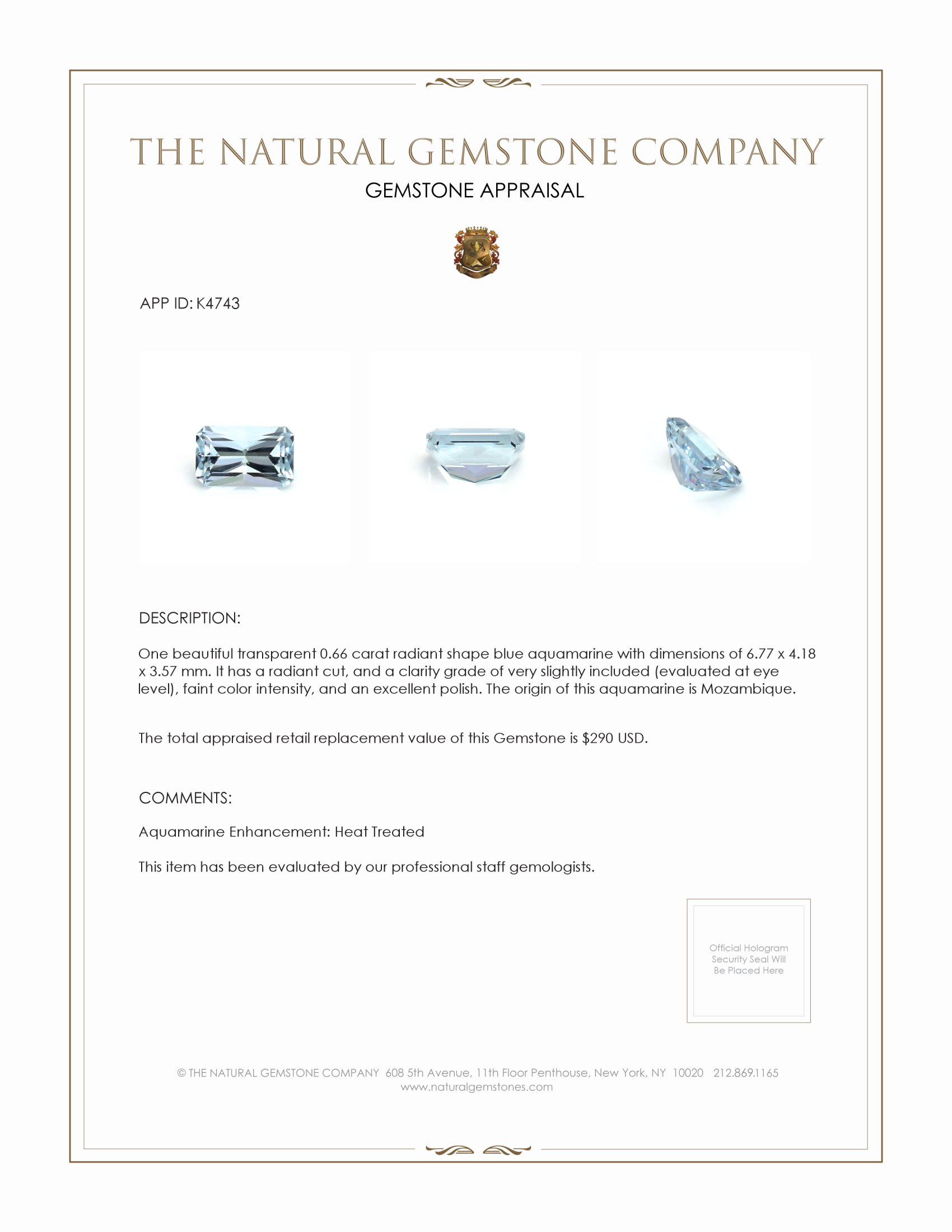 0.66 Ct. Aquamarine from Mozambique
