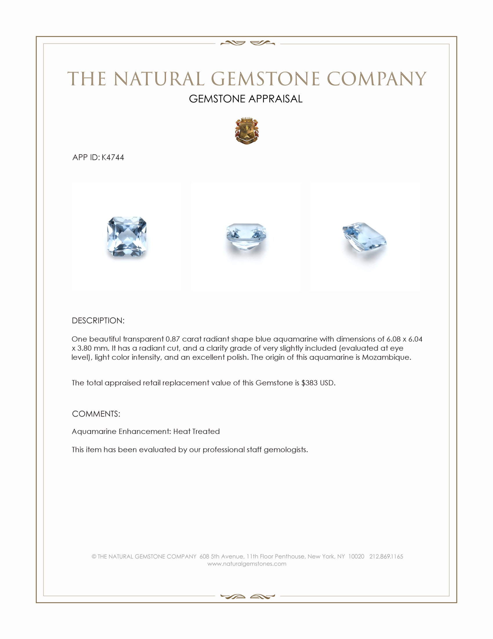 0.87 Ct. Blue Aquamarine from Mozambique