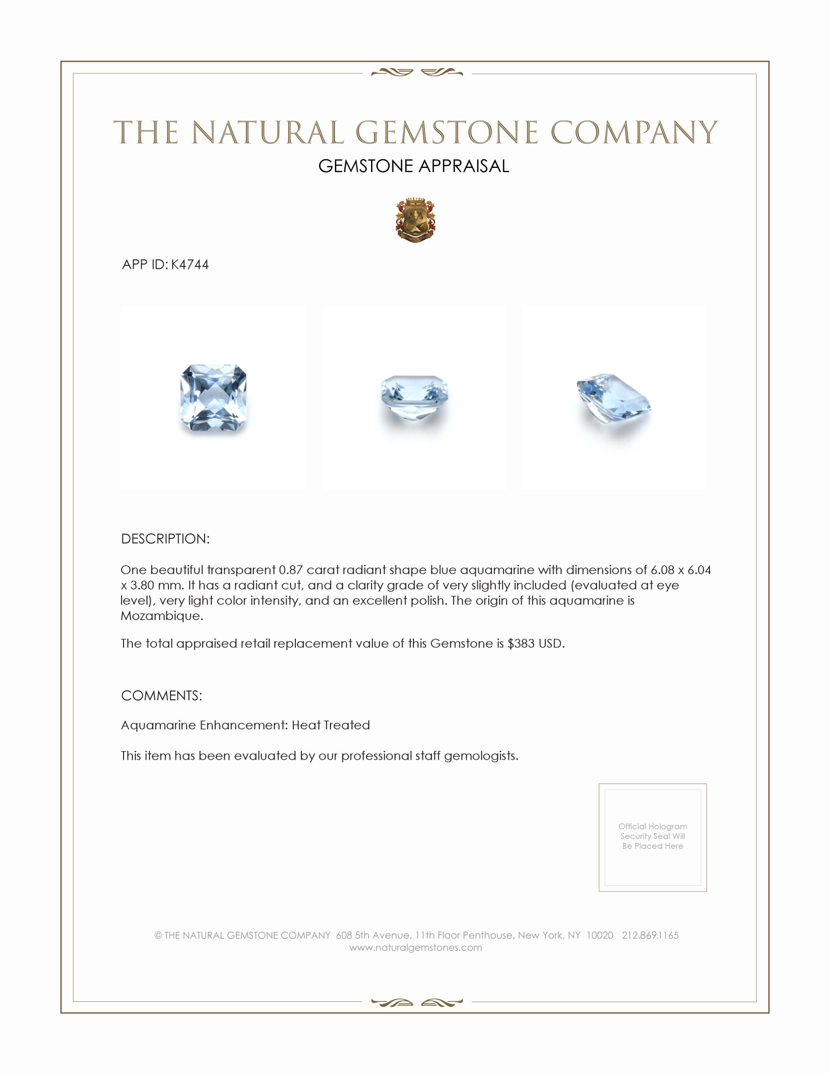 0.87 Ct. Aquamarine from Mozambique