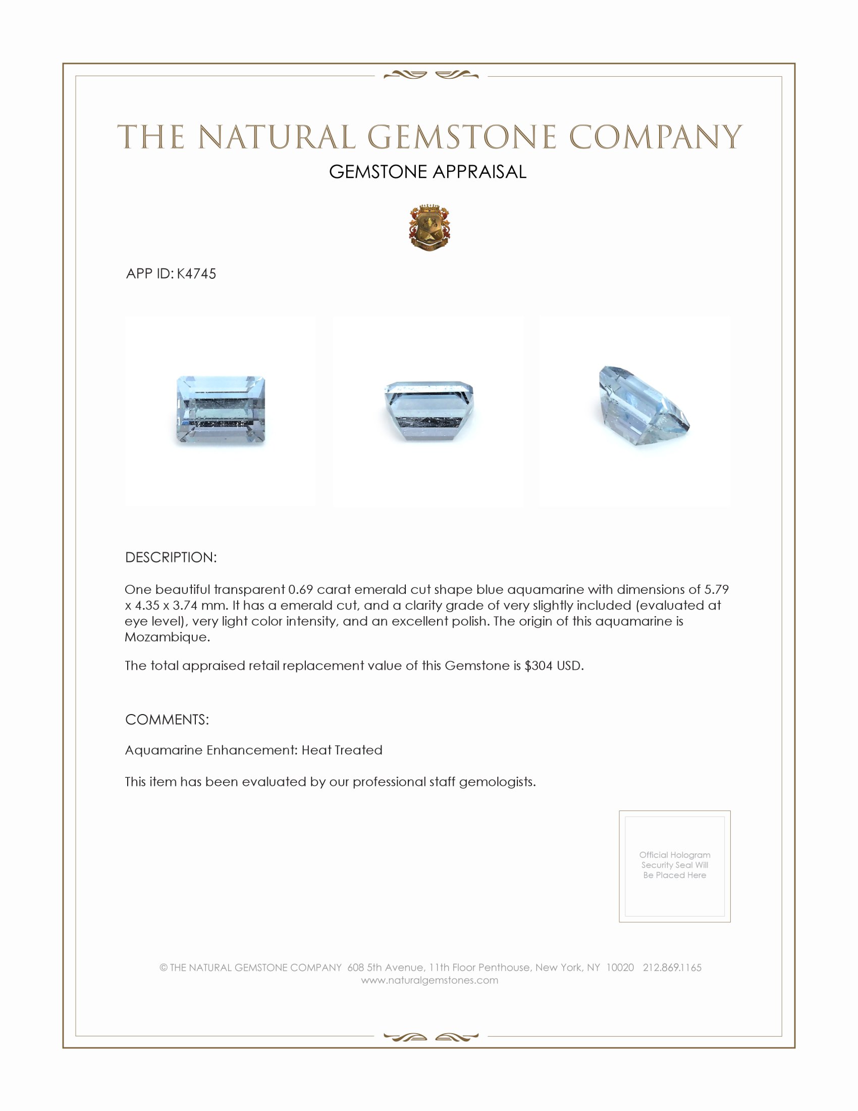 0.69 Ct. Aquamarine from Mozambique