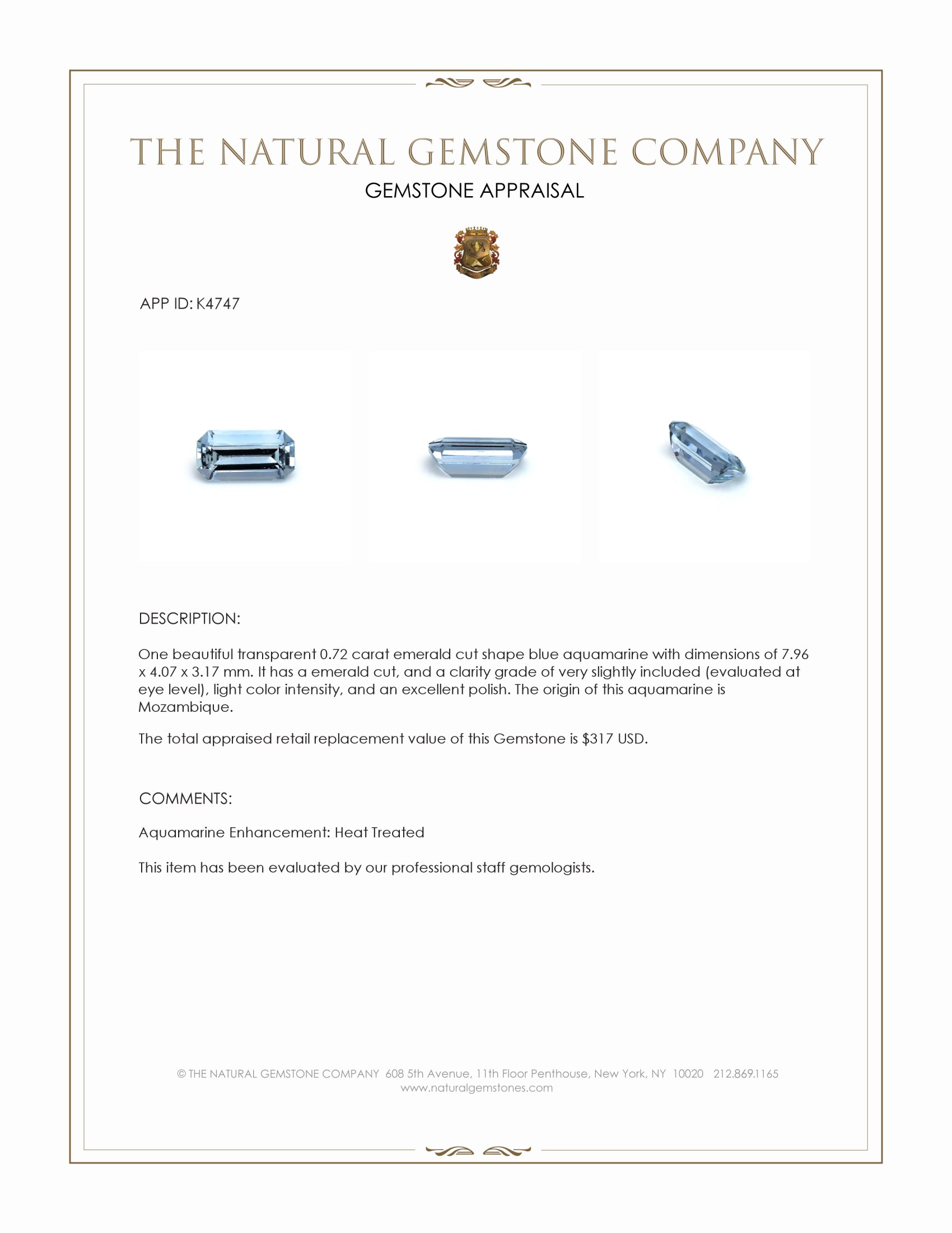 0.72 Ct. Aquamarine from Mozambique