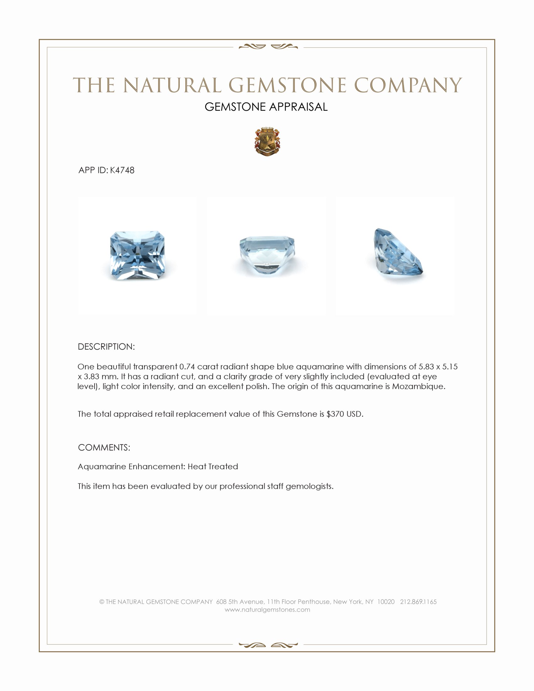 0.74 Ct. Blue Aquamarine from Mozambique