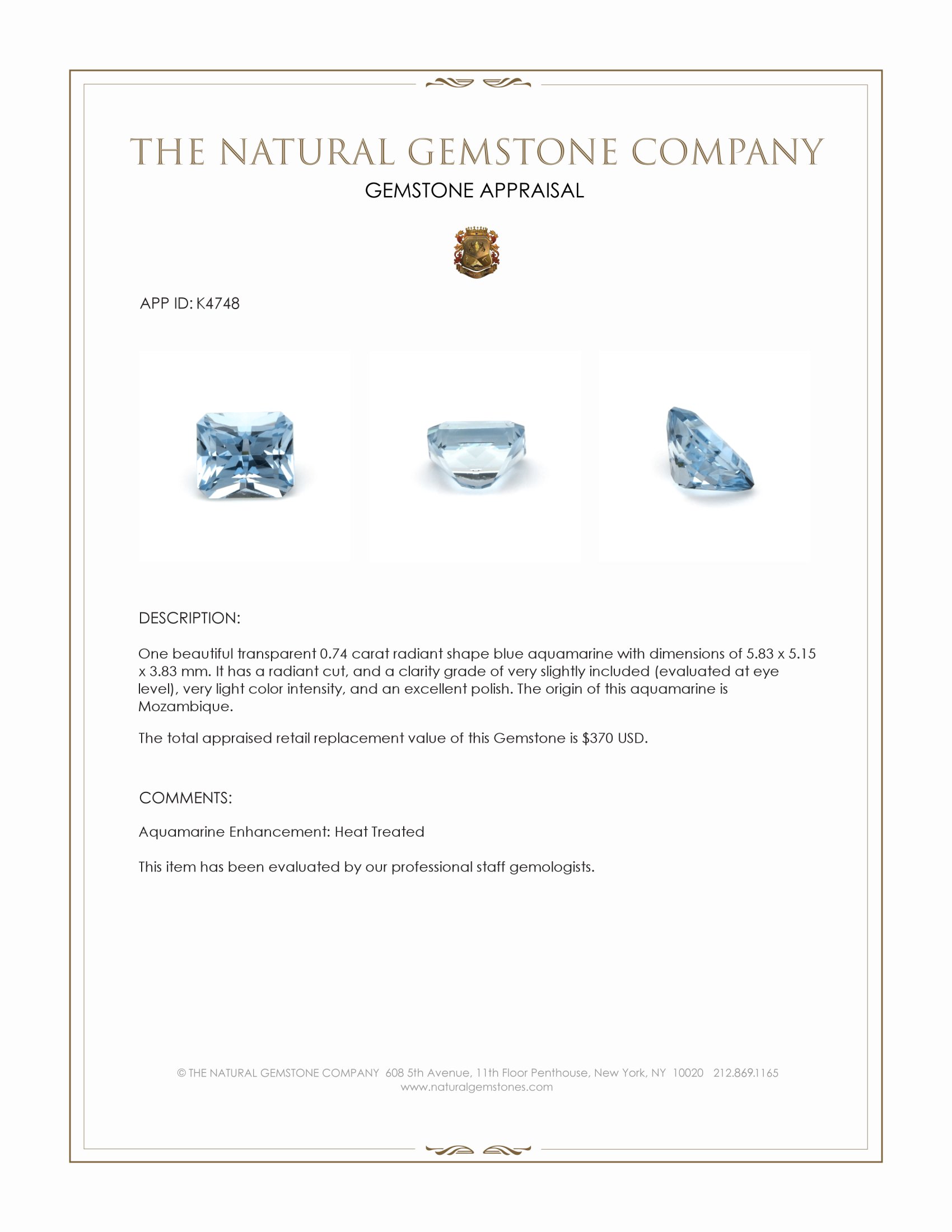 0.74 Ct. Aquamarine from Mozambique