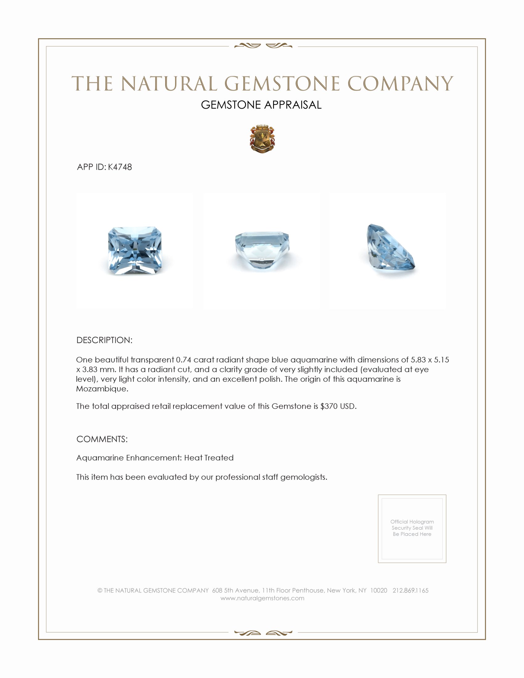 0.74 Ct. Aquamarine from Mozambique