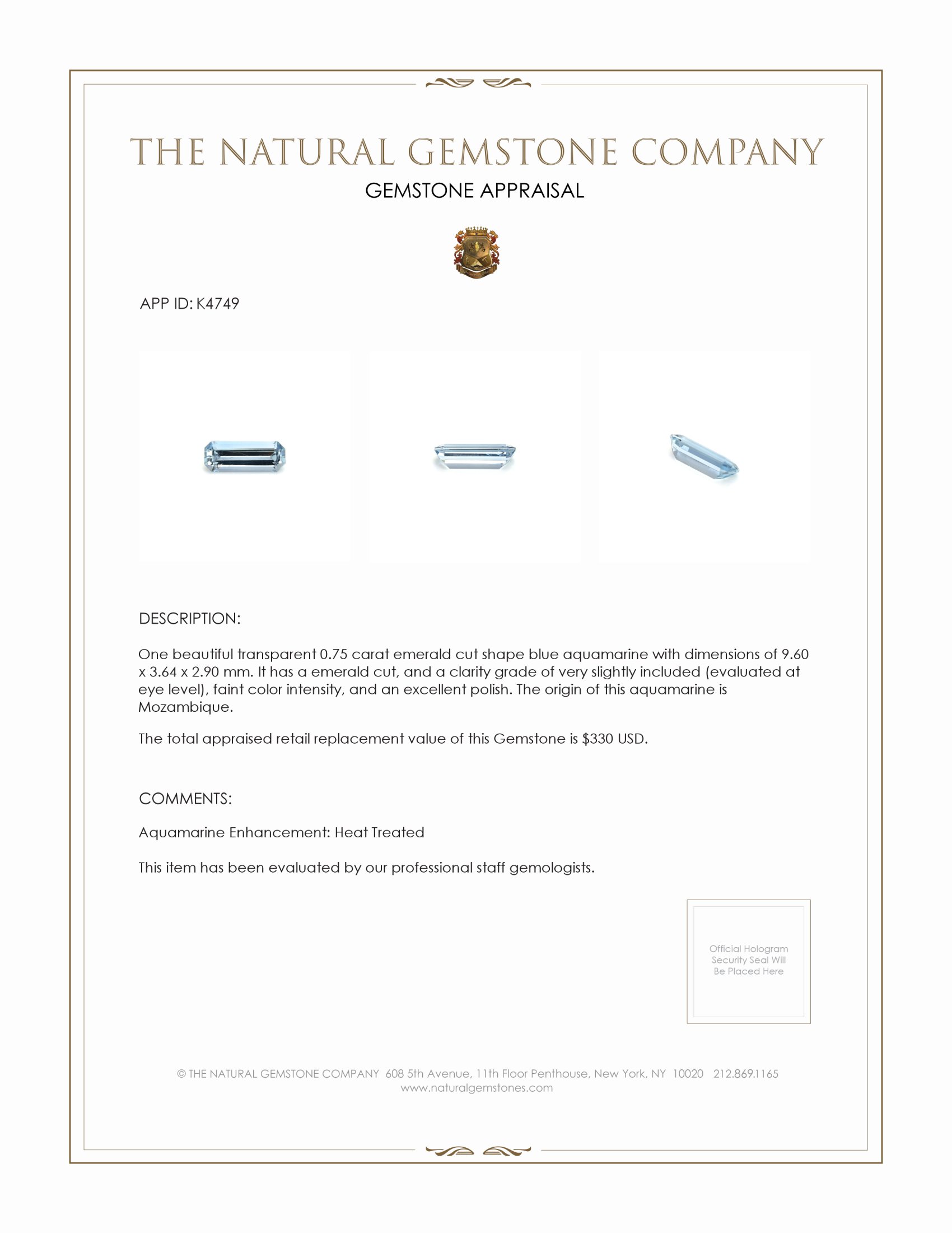 0.75 Ct. Blue Aquamarine from Mozambique