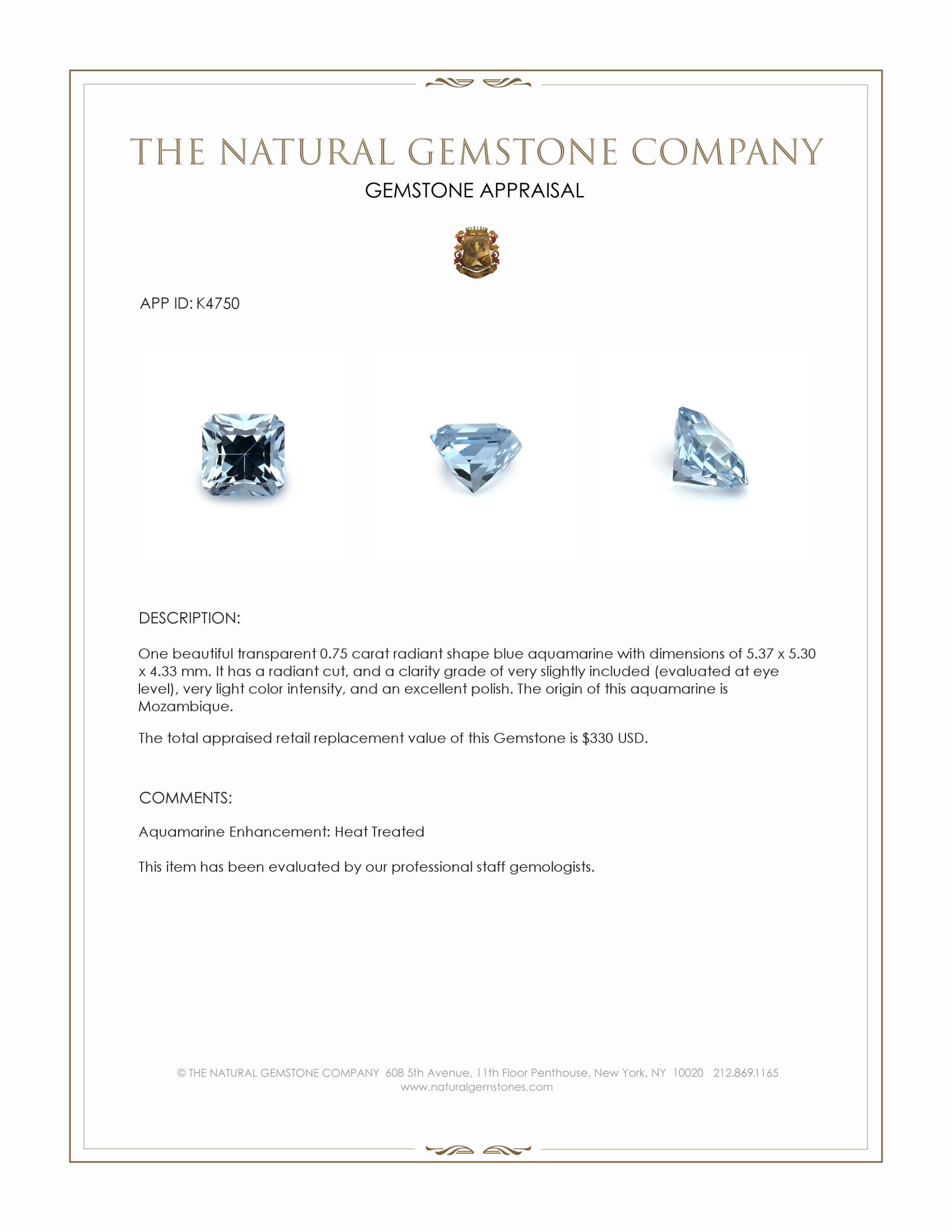 0.75 Ct. Aquamarine from Mozambique