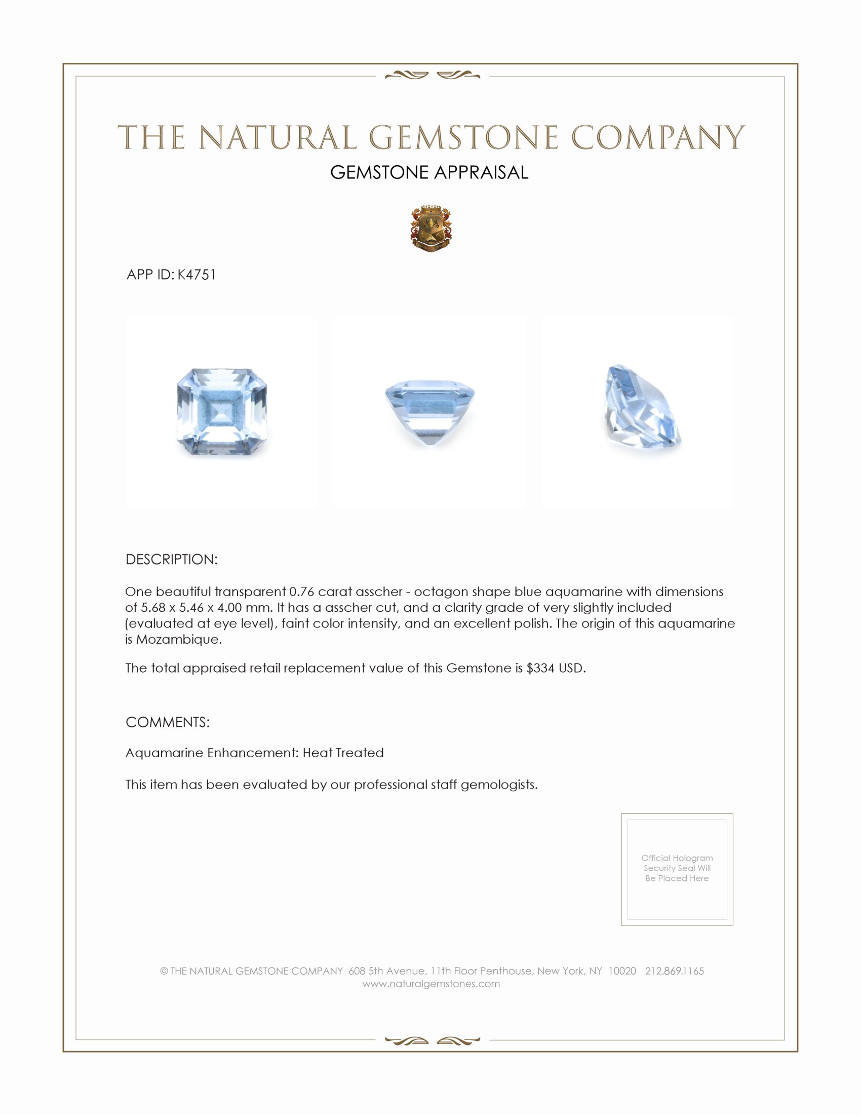 0.76 Ct. Aquamarine from Mozambique