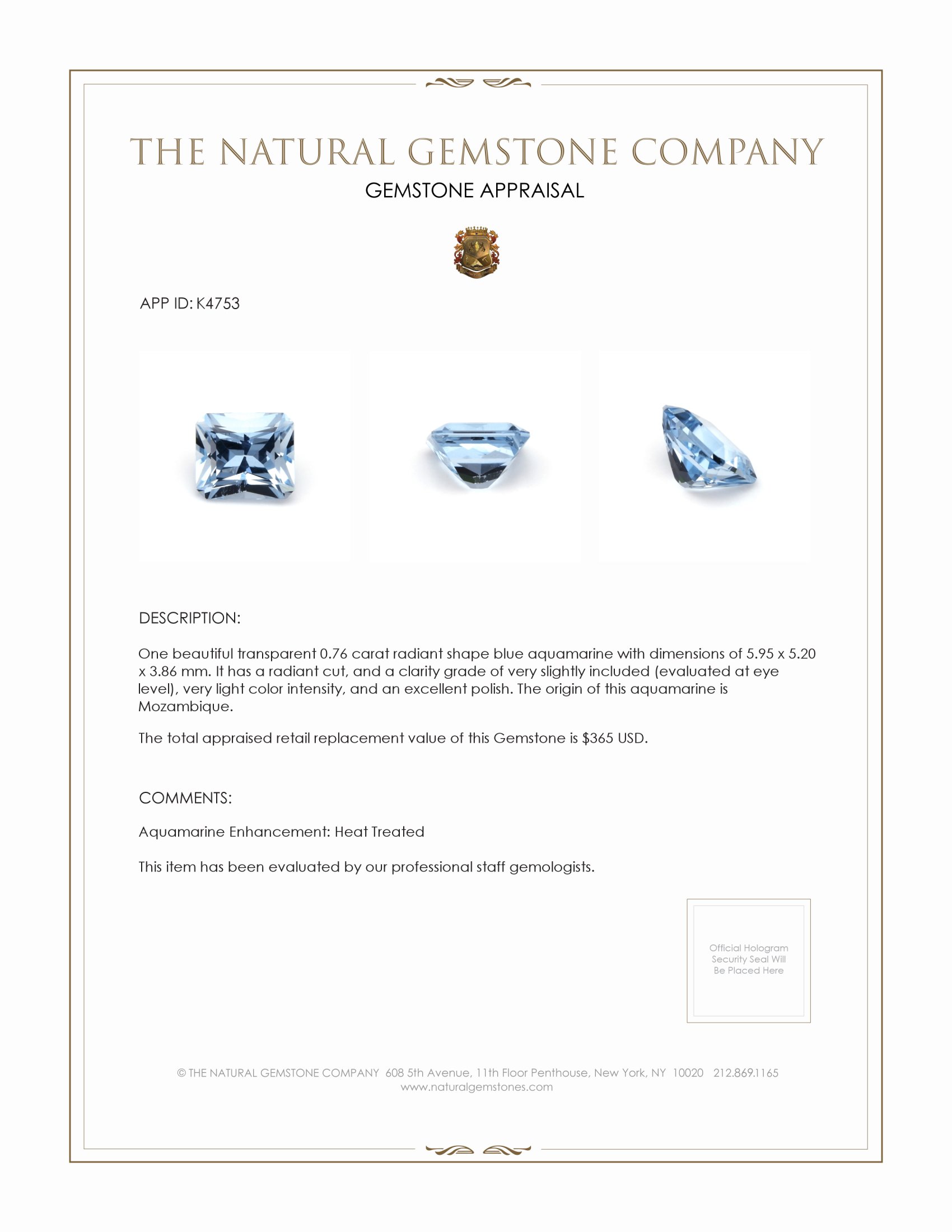 0.76 Ct. Aquamarine from Mozambique