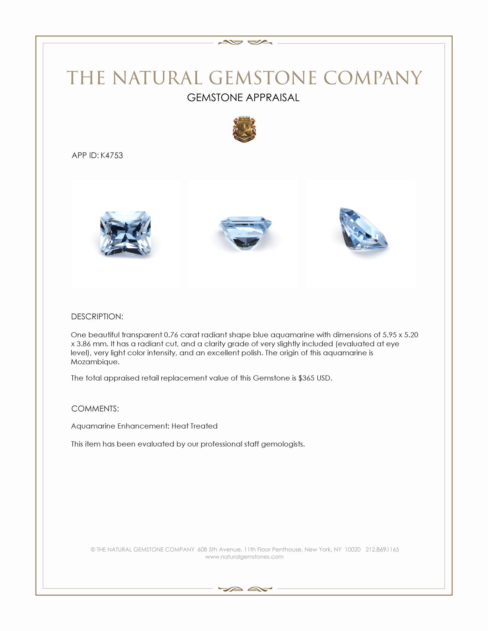 0.76 Ct. Aquamarine from Mozambique