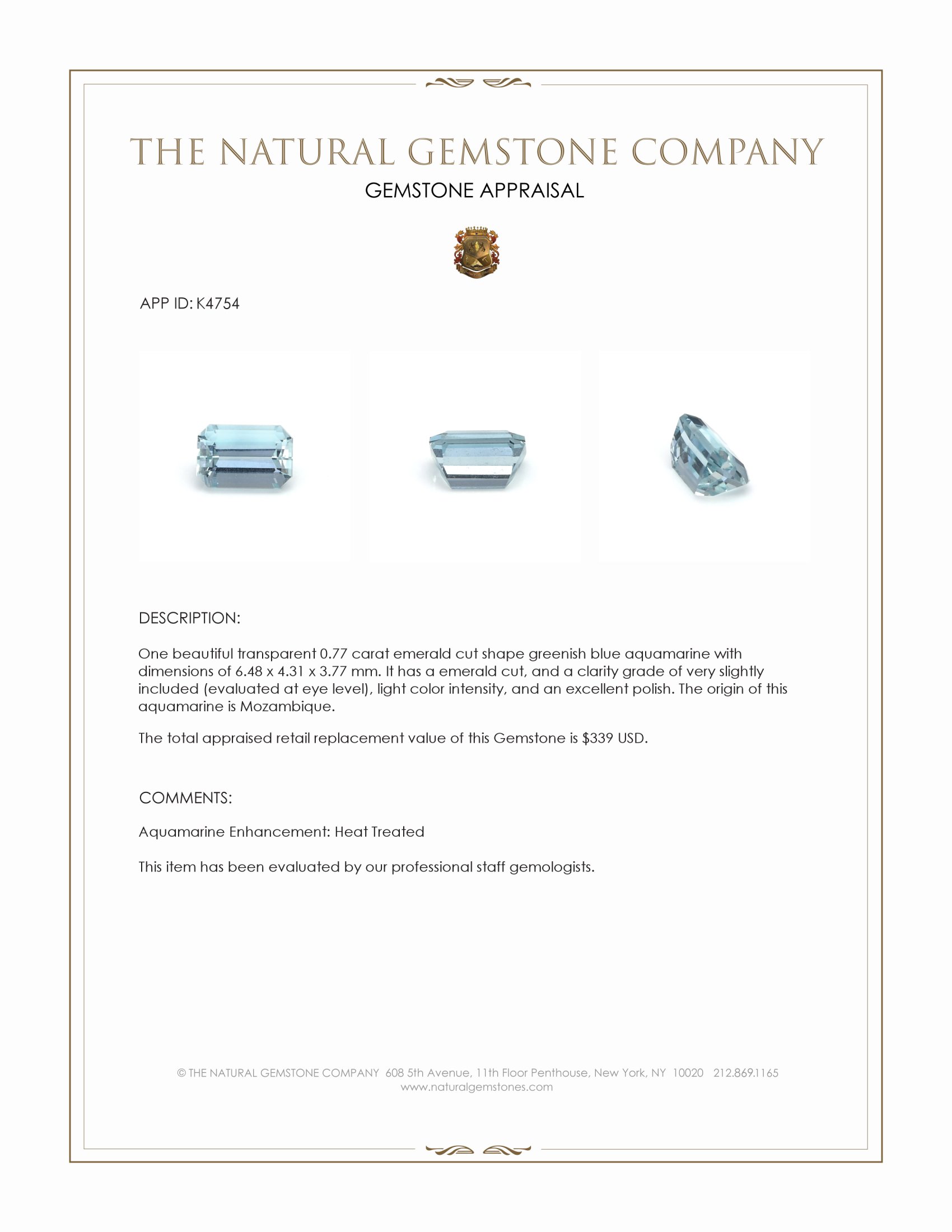 0.77 Ct. Greenish Blue Aquamarine from Mozambique