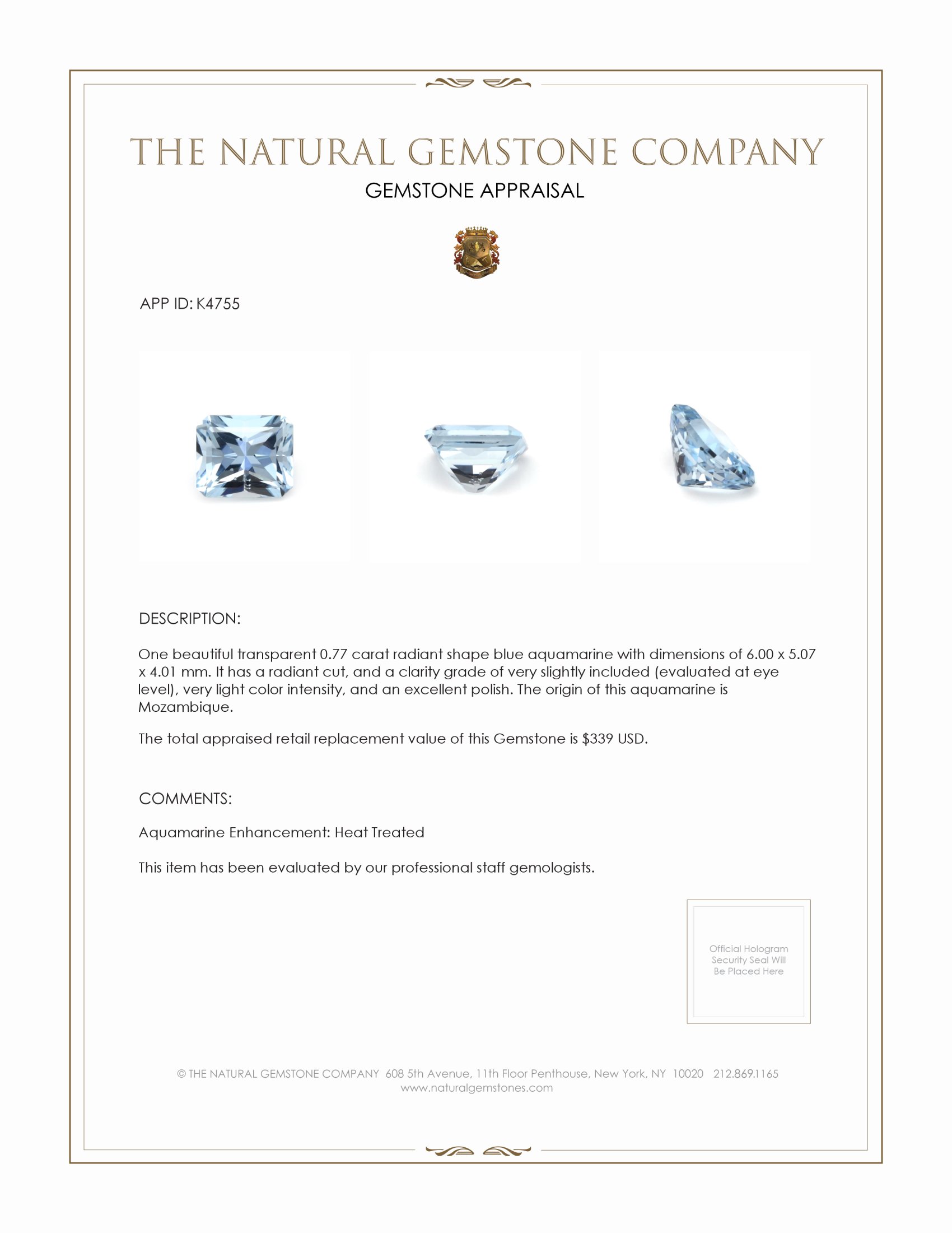 0.77 Ct. Aquamarine from Mozambique