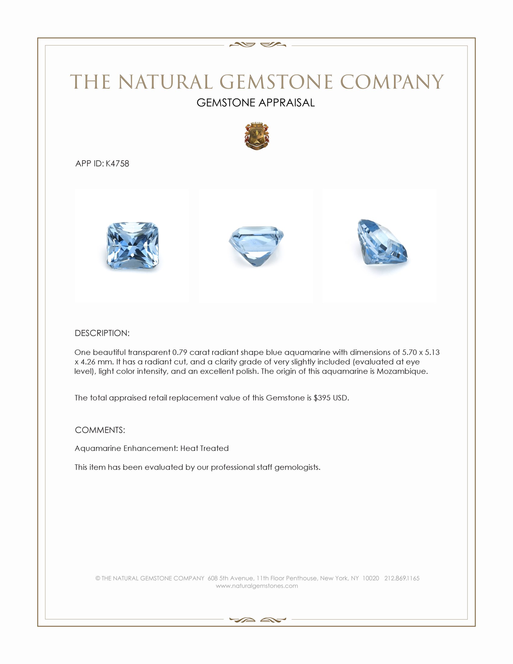 0.79 Ct. Blue Aquamarine from Mozambique