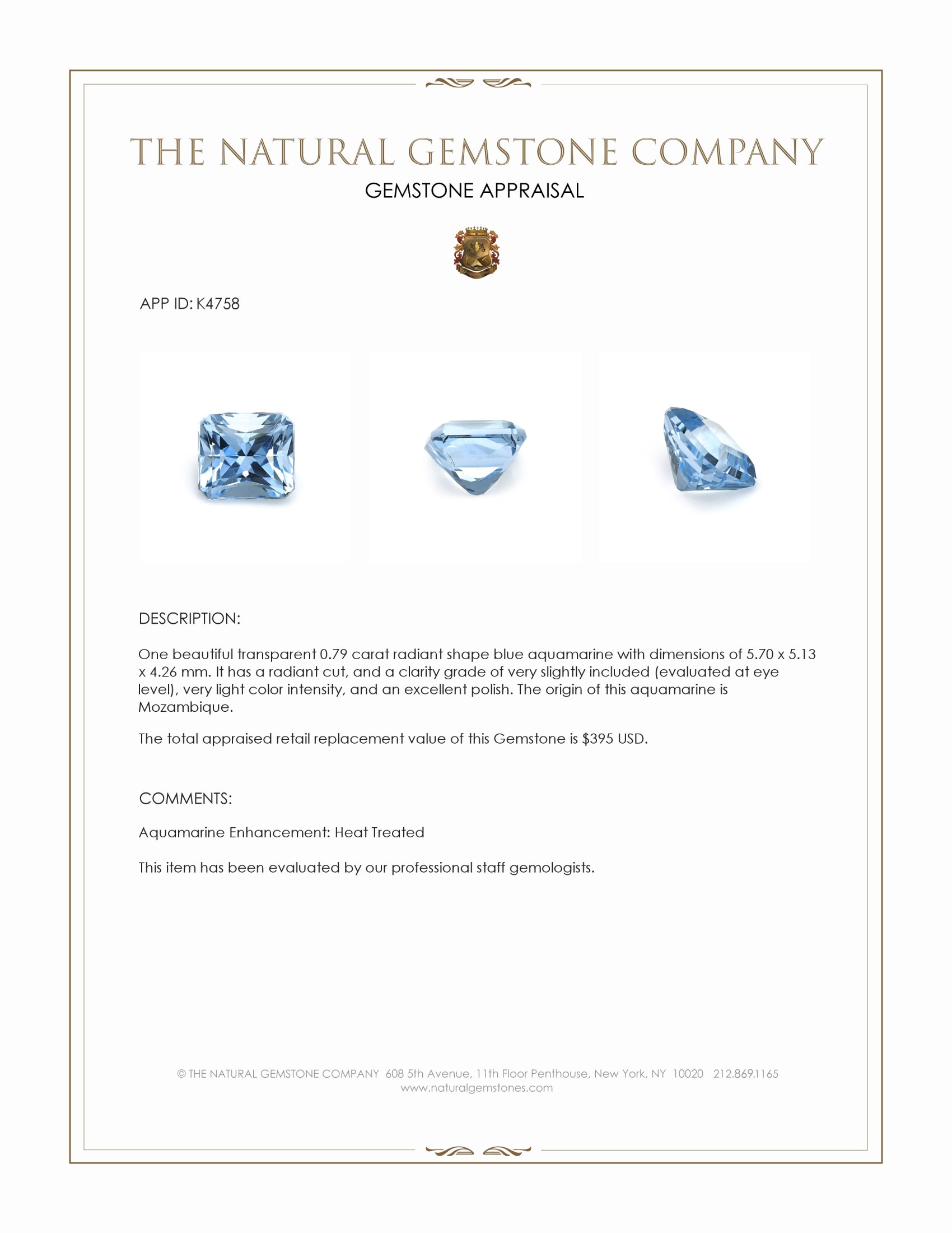 0.79 Ct. Aquamarine from Mozambique