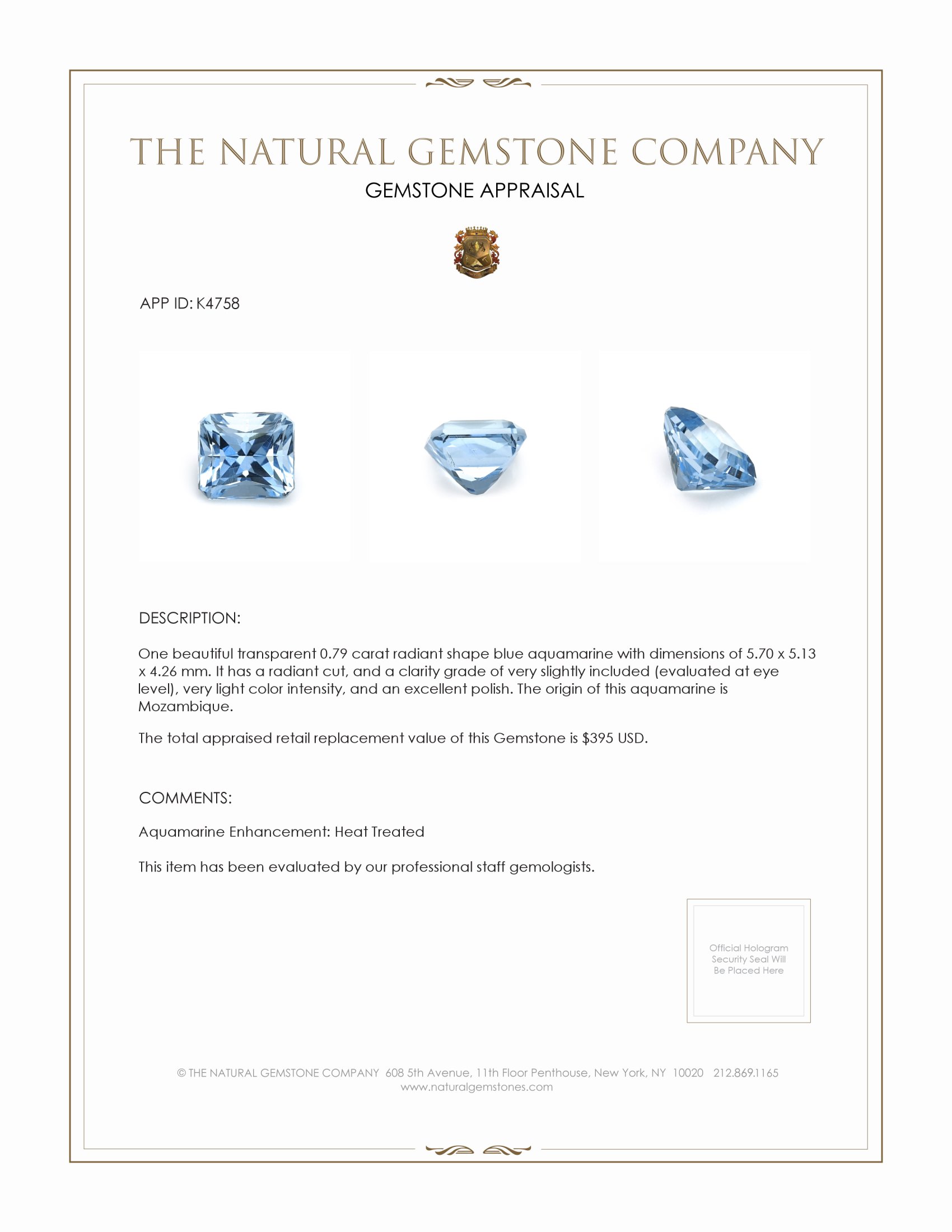 0.79 Ct. Aquamarine from Mozambique