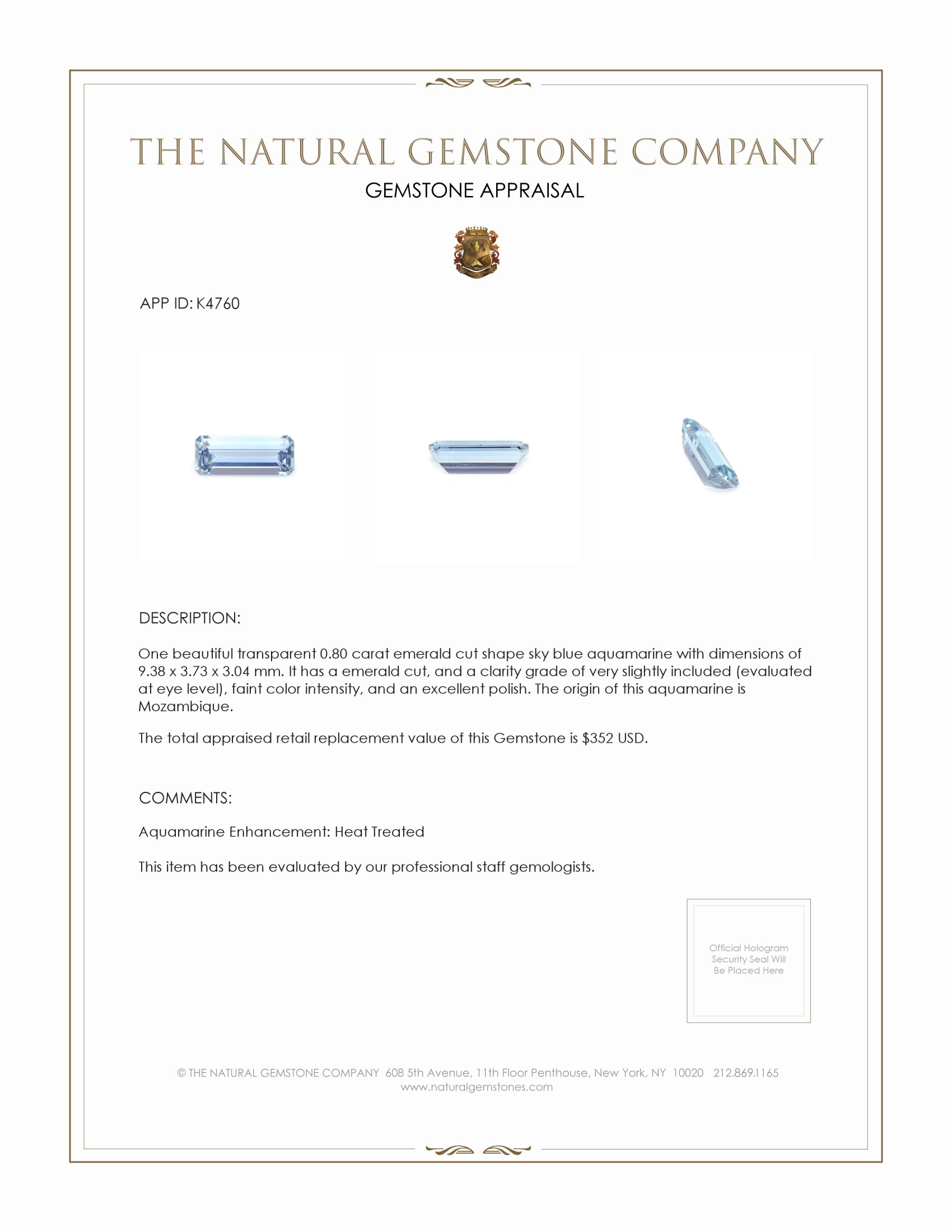 0.80 Ct. Aquamarine from Mozambique