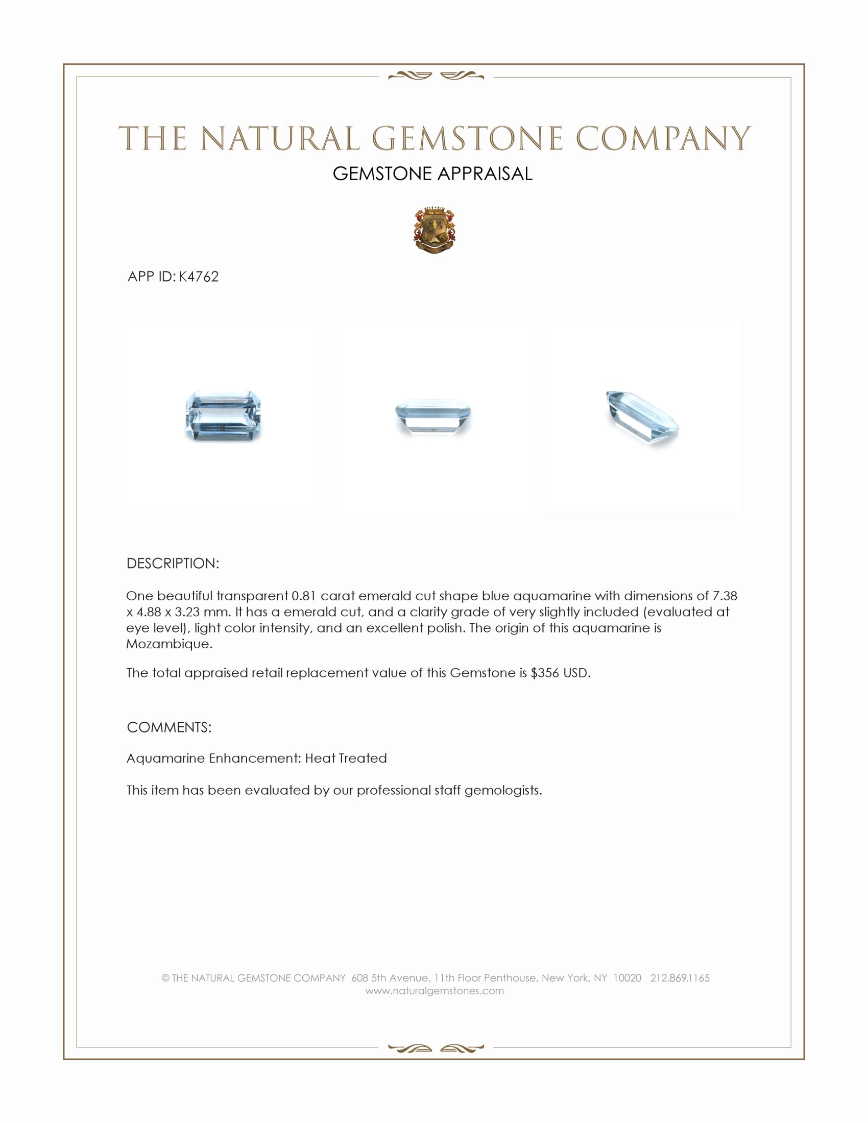 0.81 Ct. Blue Aquamarine from Mozambique