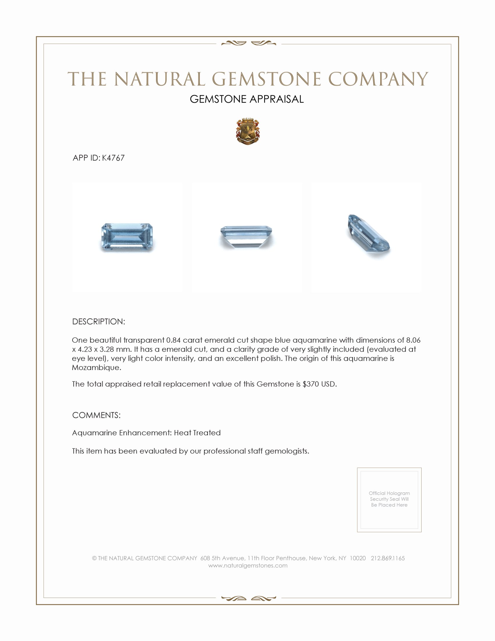 0.84 Ct. Blue Aquamarine from Mozambique