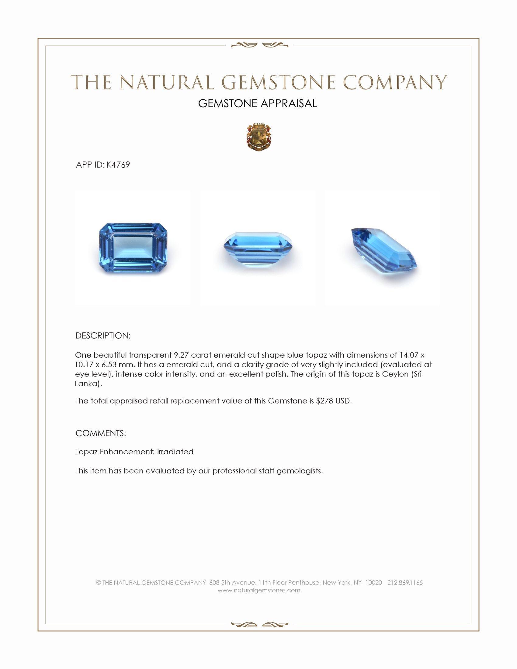 9.27 Ct. Blue Topaz from Ceylon (Sri Lanka)