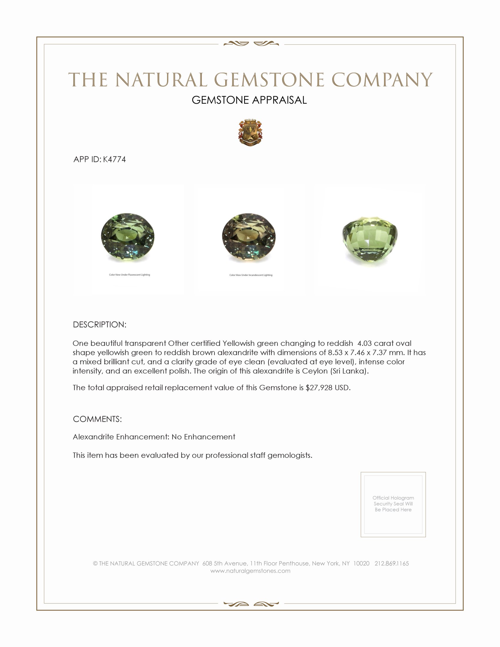 4.03 Ct. Alexandrite from Ceylon (Sri Lanka)