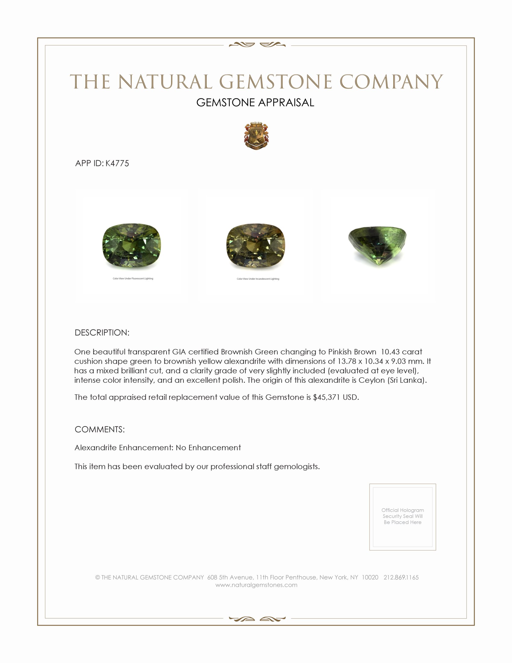 10.43 Ct. Alexandrite from Ceylon (Sri Lanka)