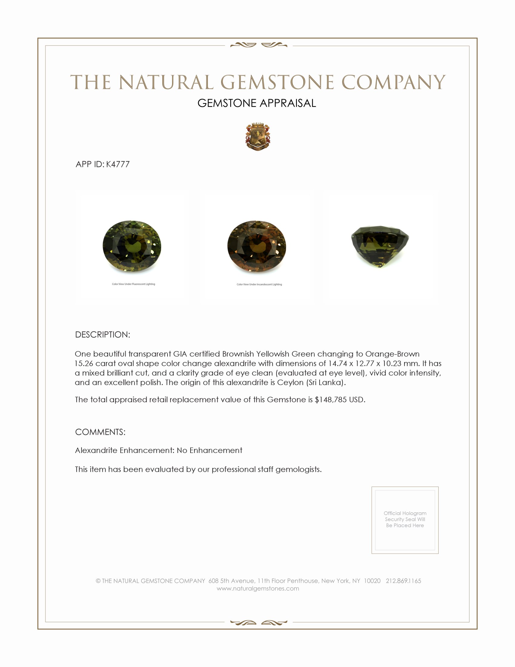 15.26 Ct. Alexandrite from Ceylon (Sri Lanka)