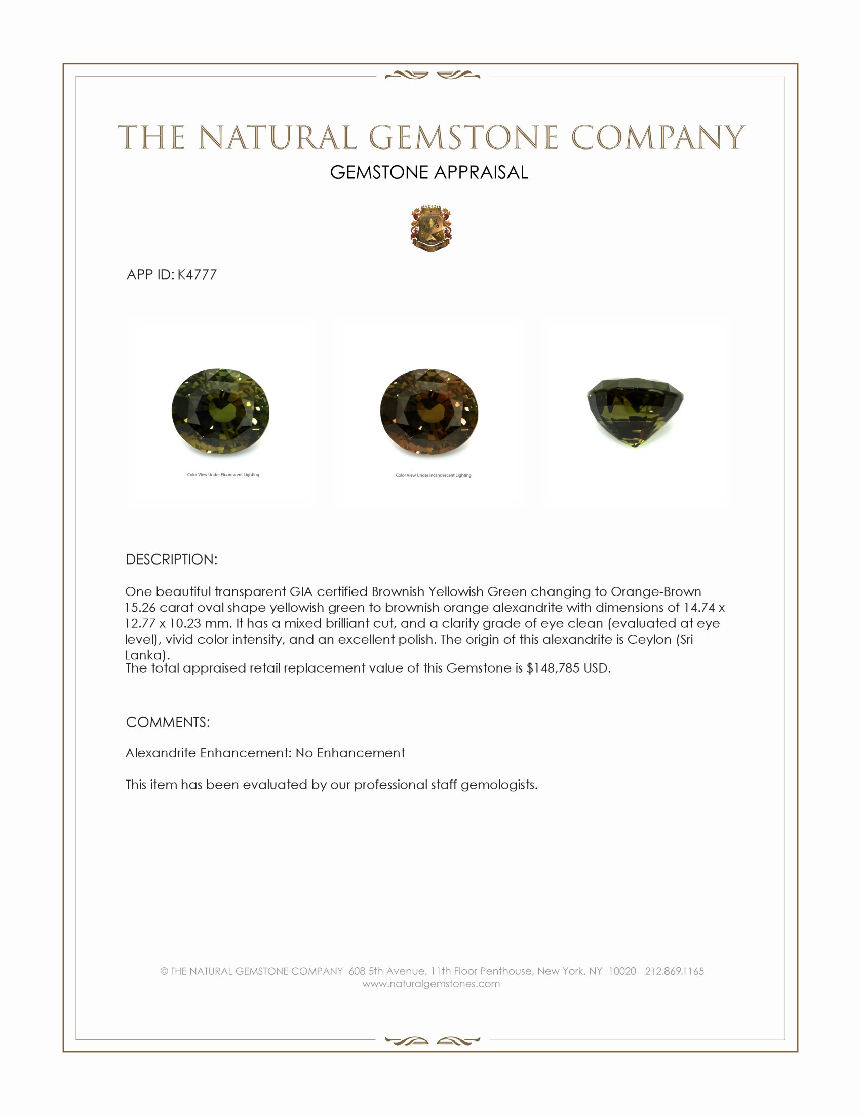 15.26 Ct. Alexandrite from Ceylon (Sri Lanka)