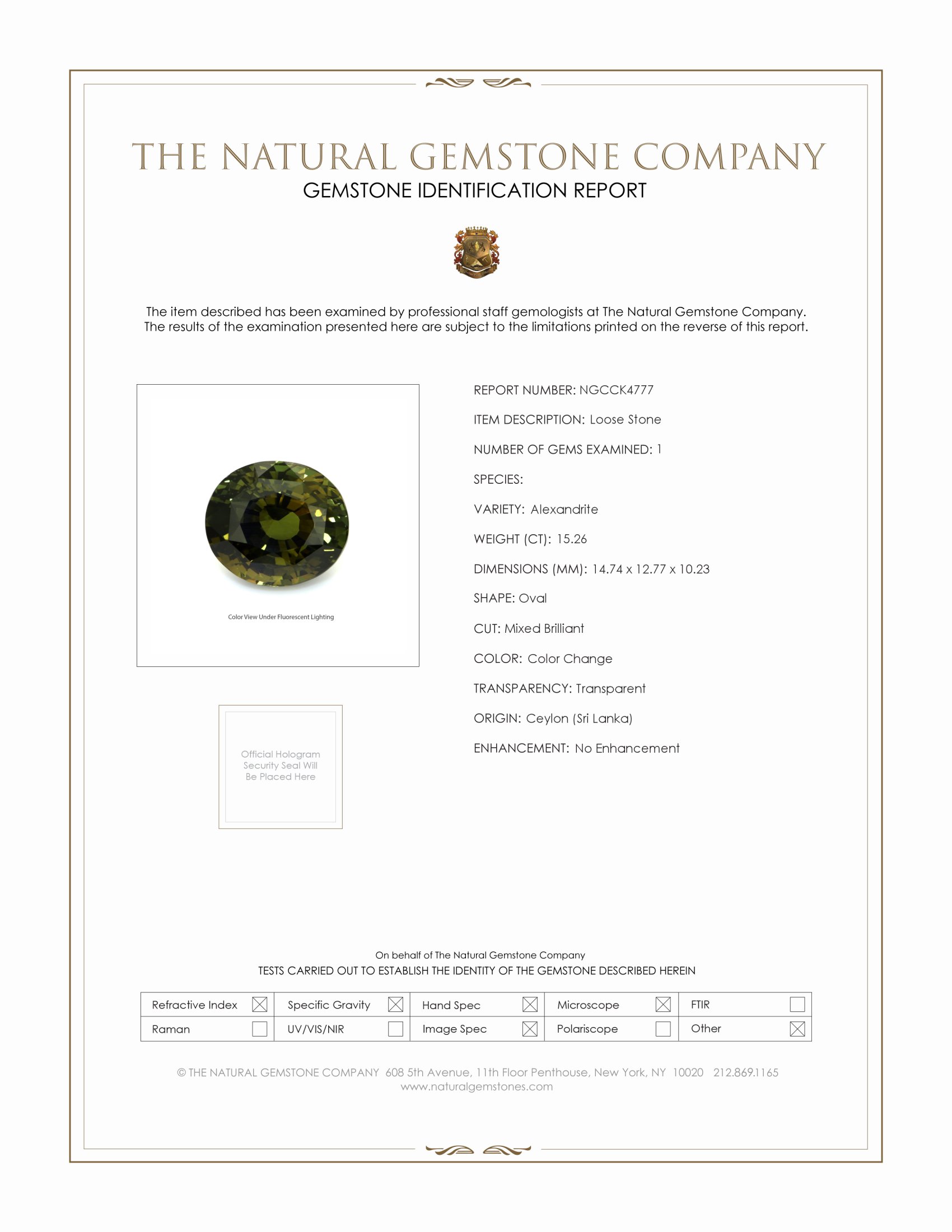 15.26 Ct. Alexandrite from Ceylon (Sri Lanka)