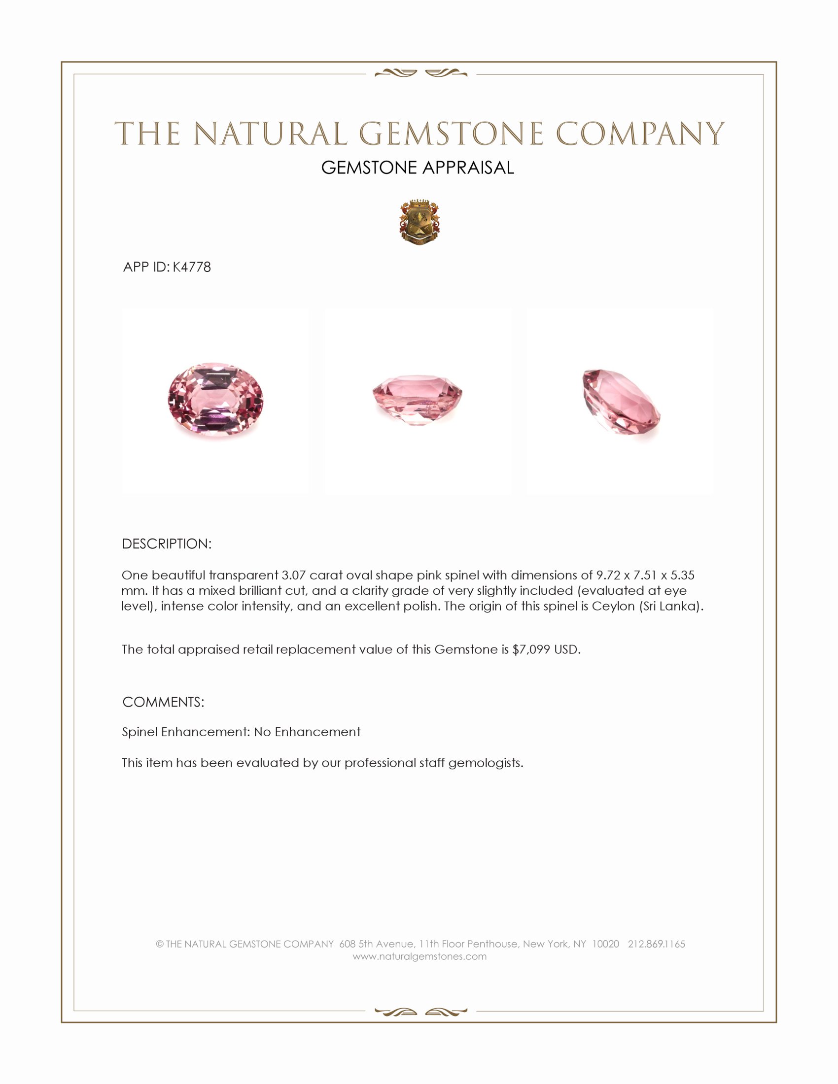 3.07 Ct. Pink Spinel from Ceylon (Sri Lanka)