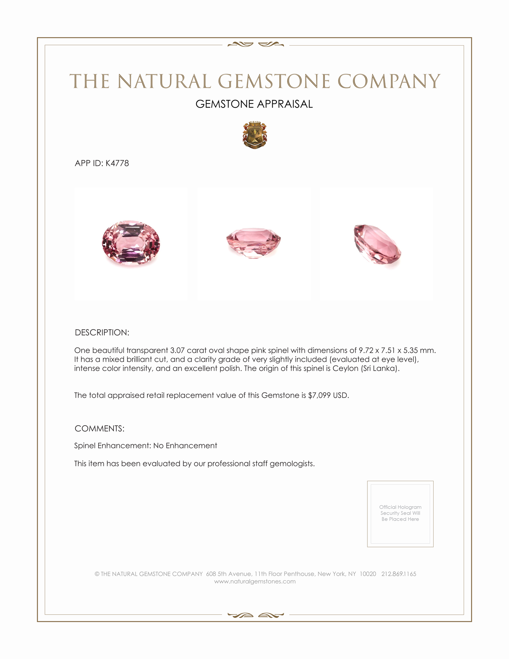 3.07 Ct. Spinel from Ceylon (Sri Lanka)