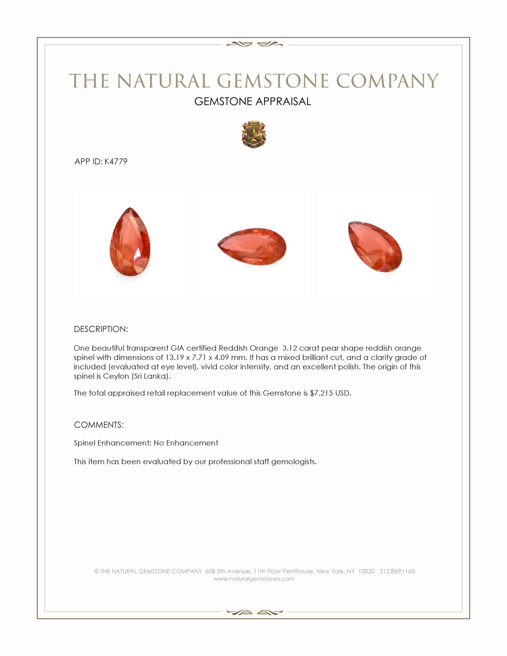 3.12 Ct. Reddish Orange Spinel from Ceylon (Sri Lanka)