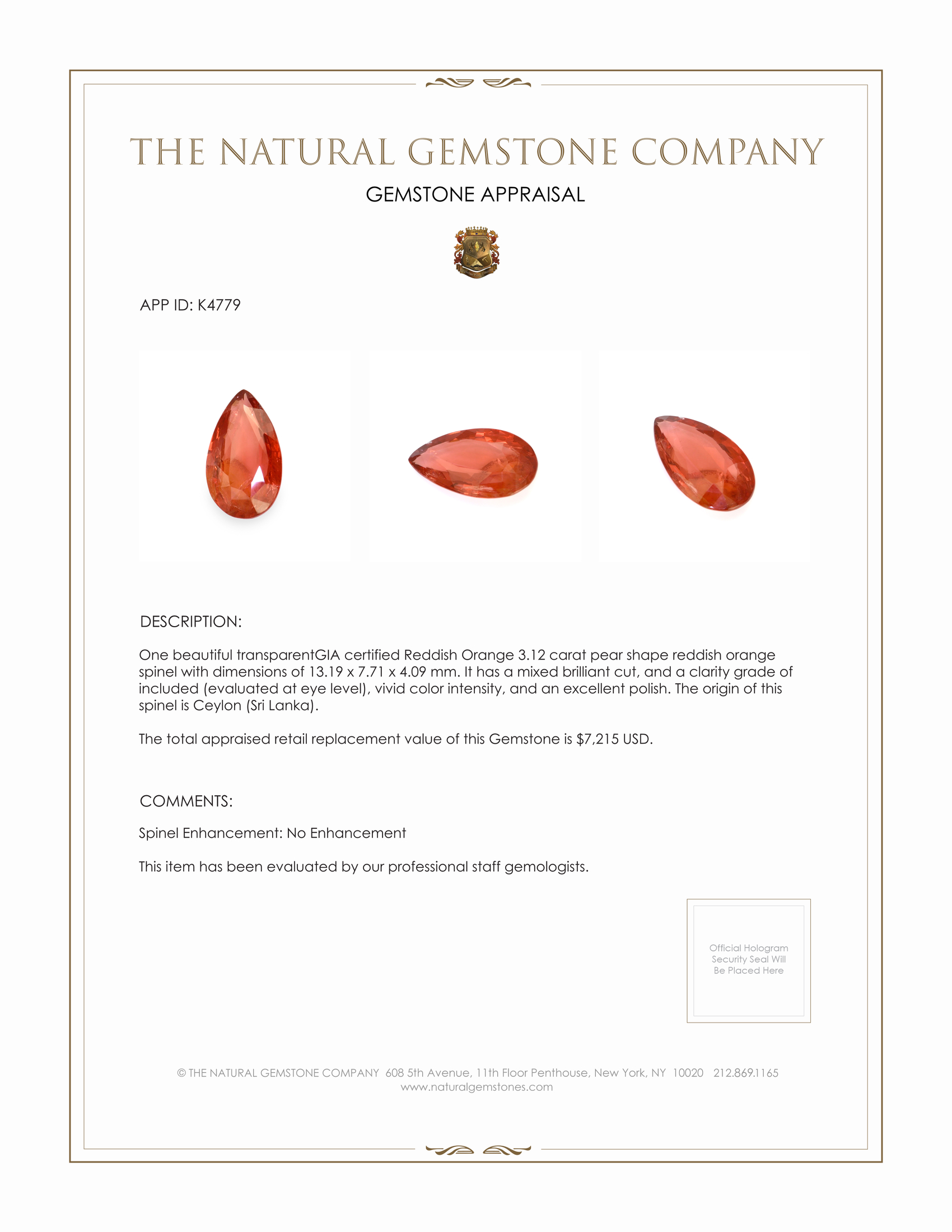 3.12 Ct. Spinel from Ceylon (Sri Lanka)