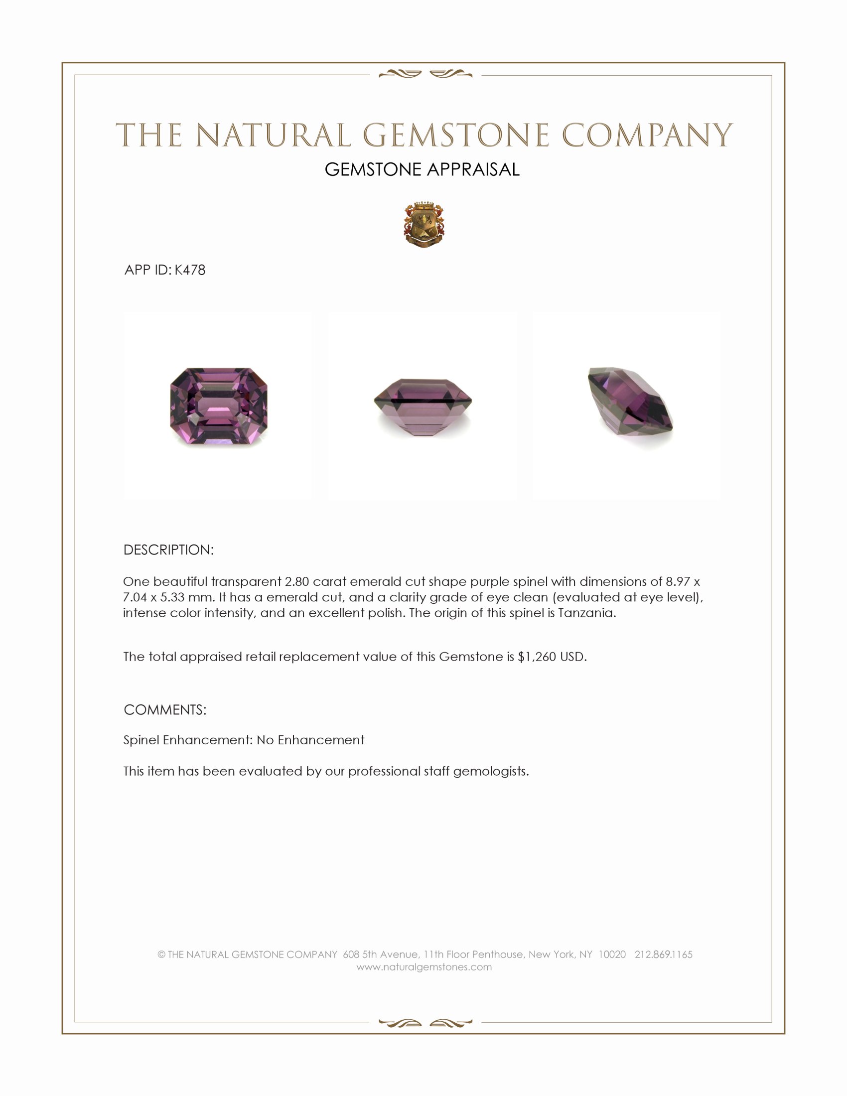 2.80 Ct. Purple Spinel from Tanzania