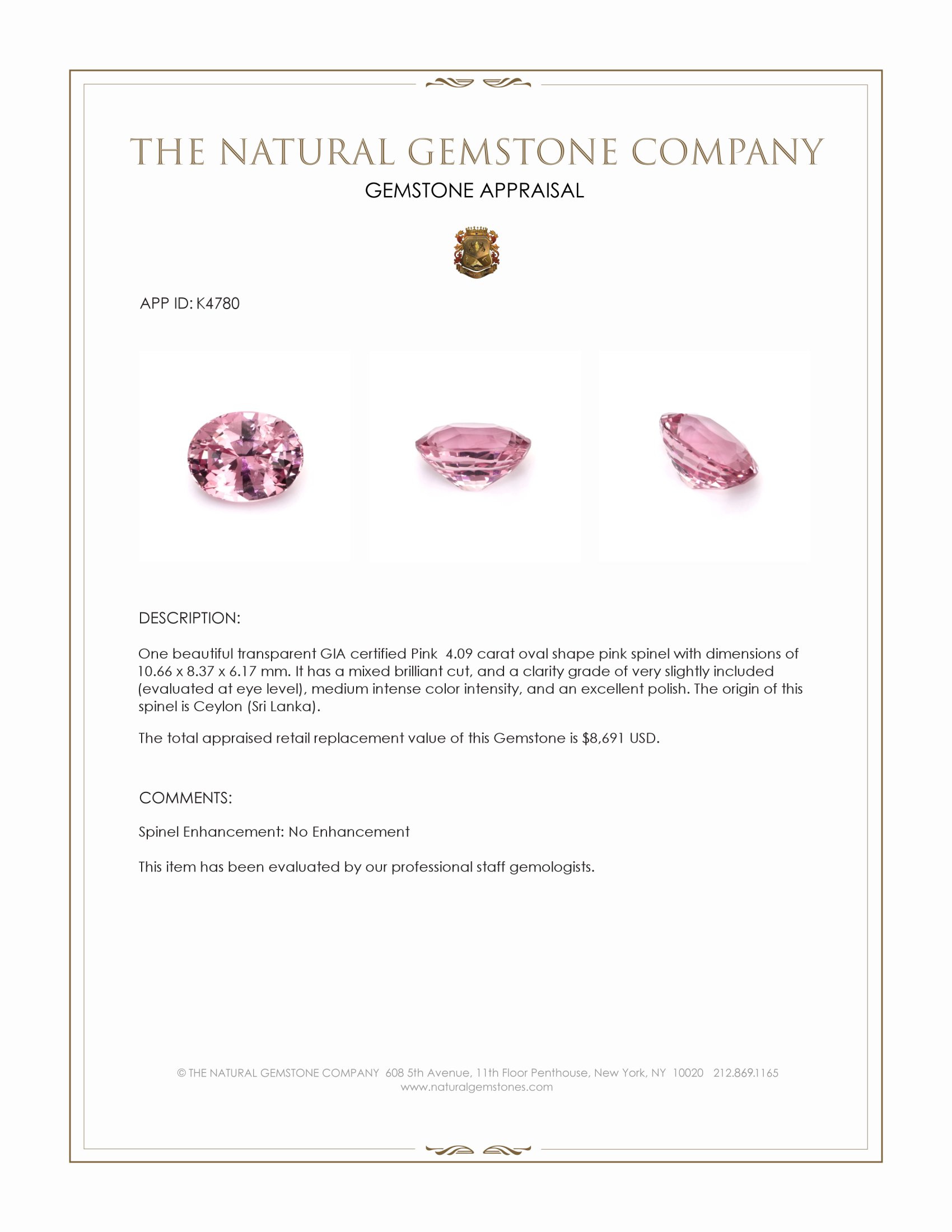 4.09 Ct. Spinel from Ceylon (Sri Lanka)
