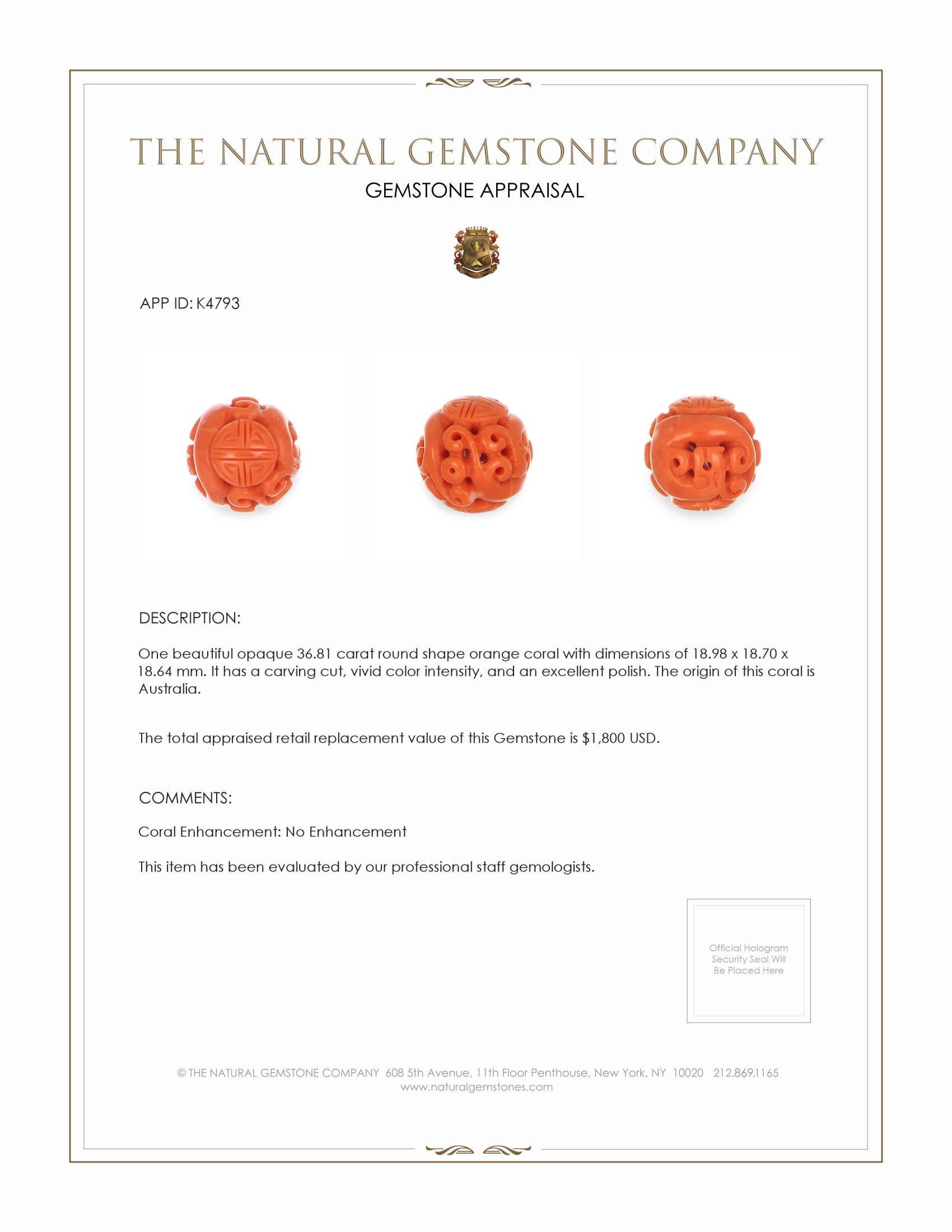 36.81 Ct. Salmon (Orange) Coral from Australia