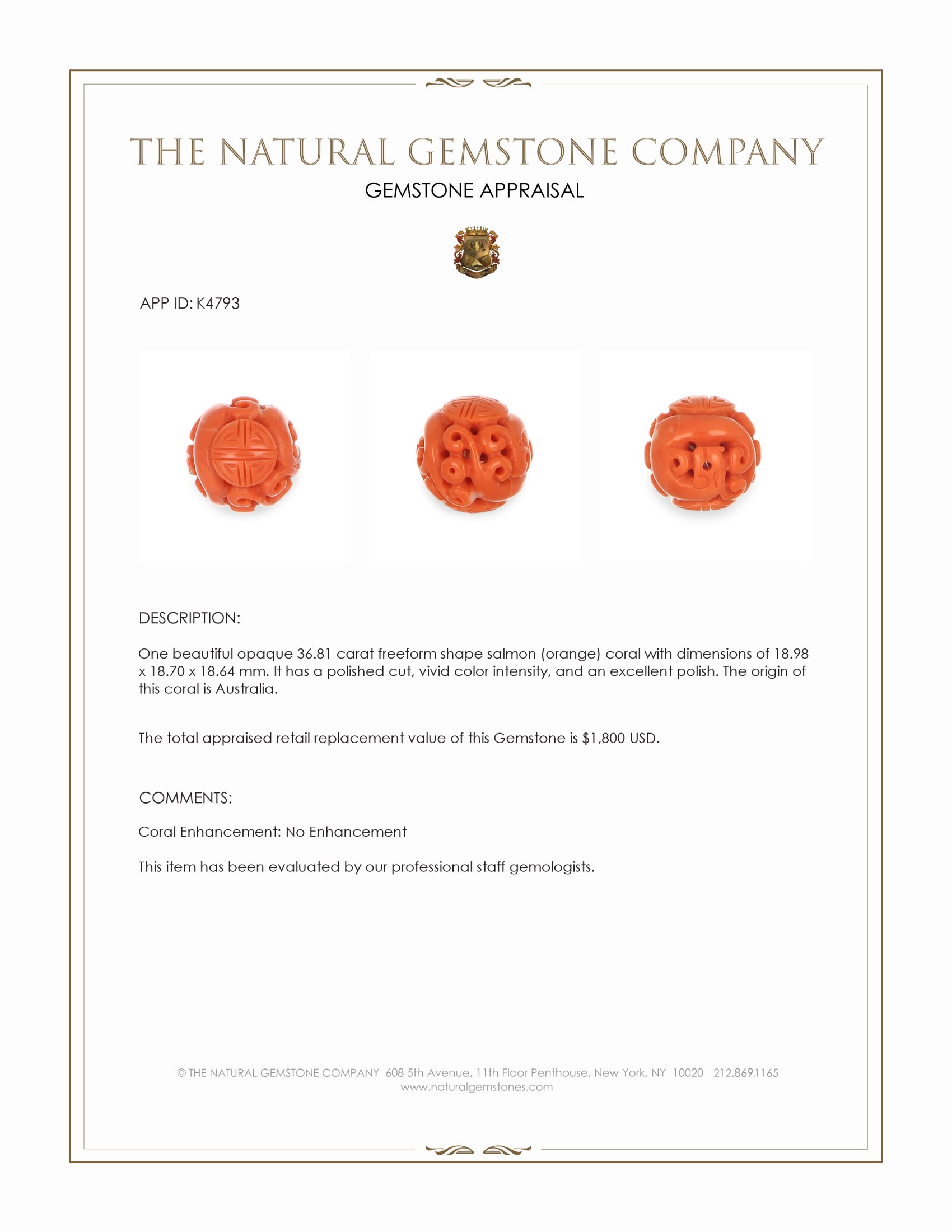 36.81 Ct. Salmon (Orange) Coral from Australia
