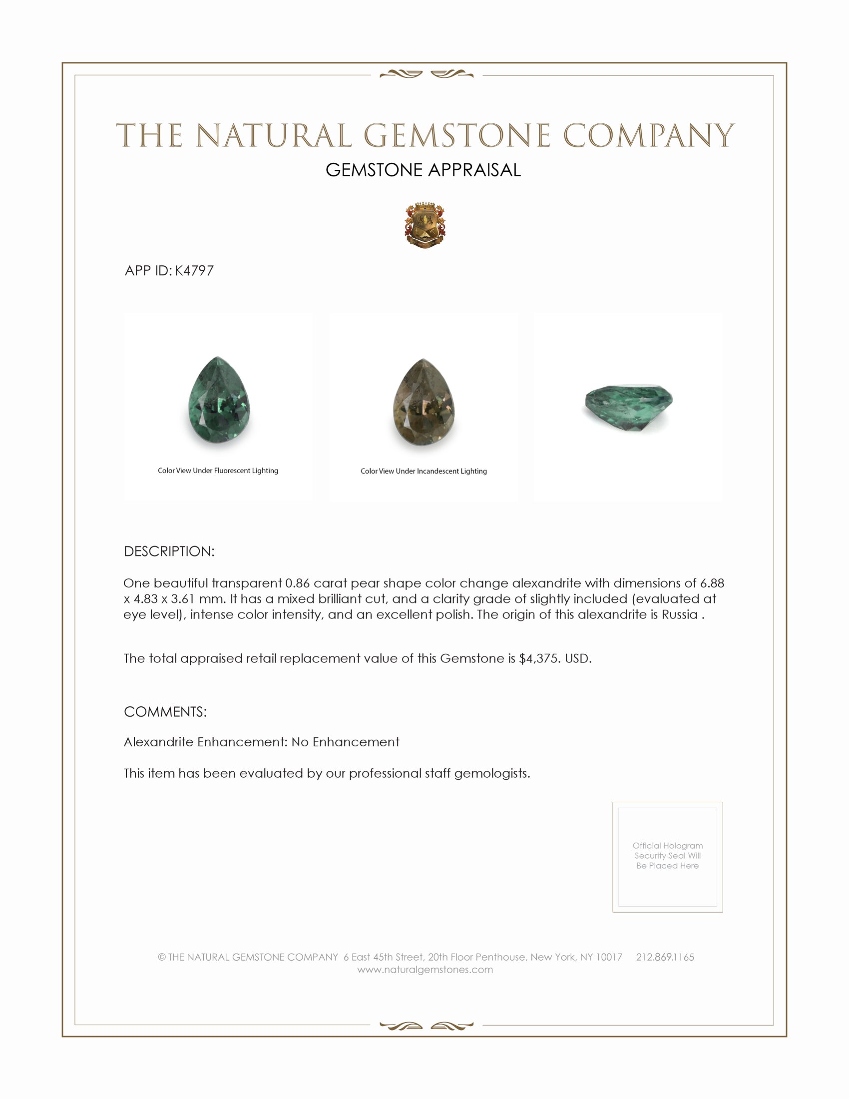 0.86 Ct. Alexandrite from Russia