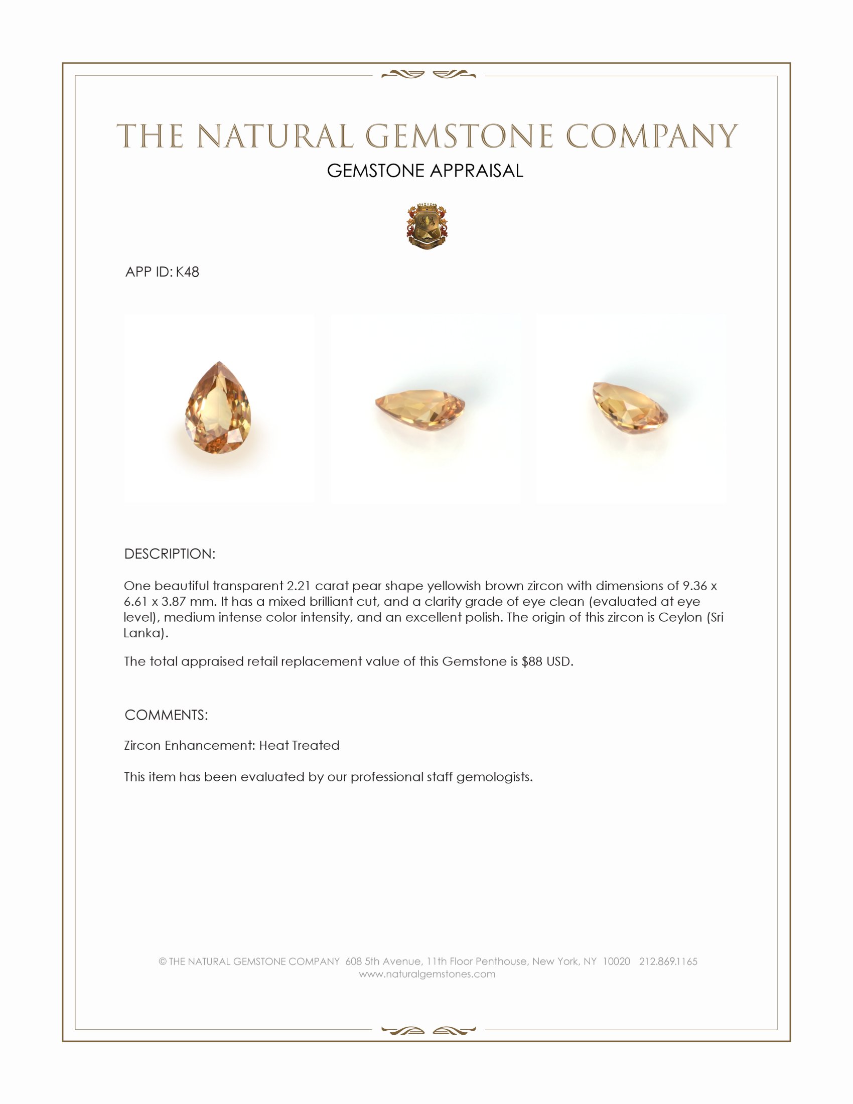 2.21 Ct. Yellowish Brown Zircon from Ceylon (Sri Lanka)
