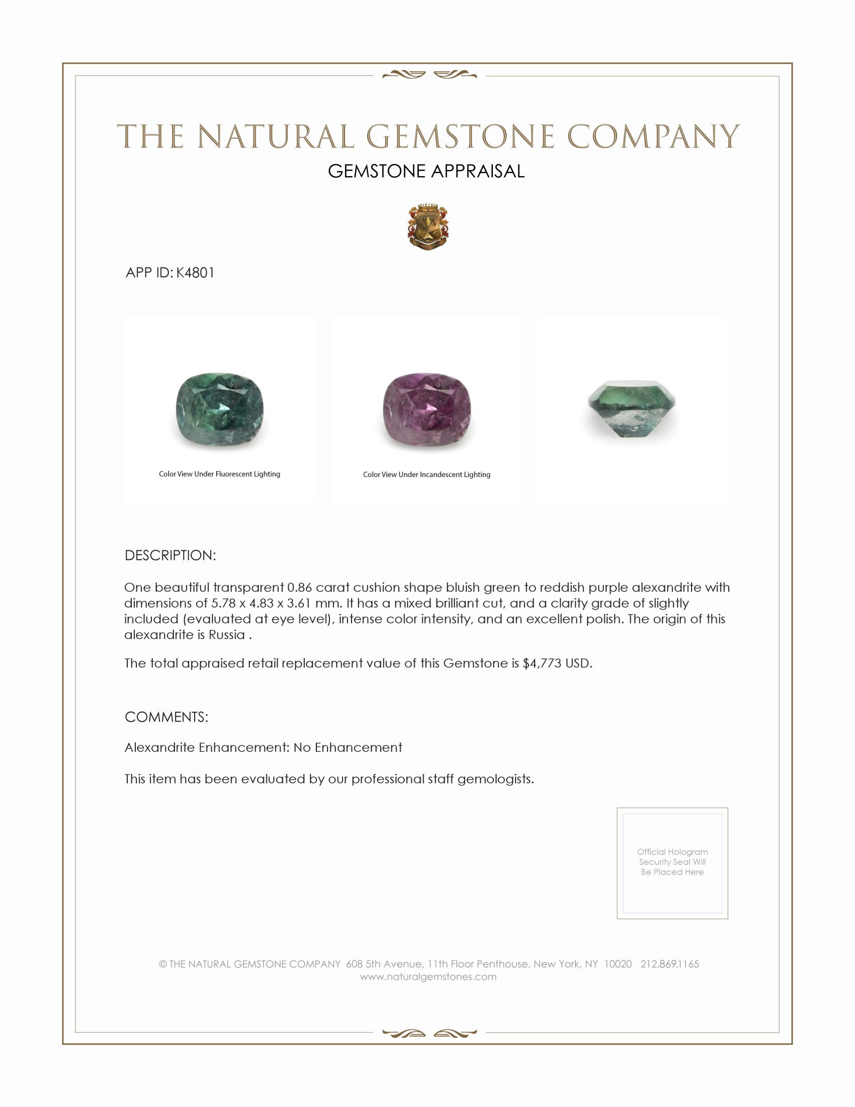0.86 Ct. Alexandrite from Russia