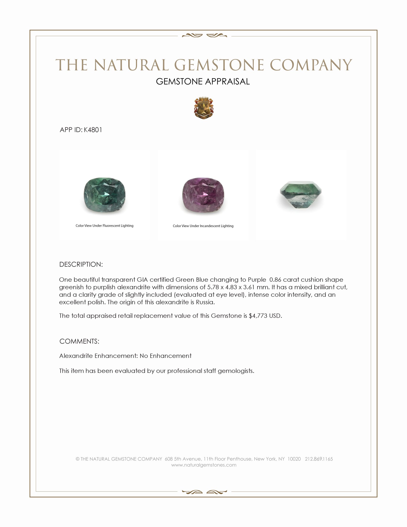 0.86 Ct. Alexandrite from Russia
