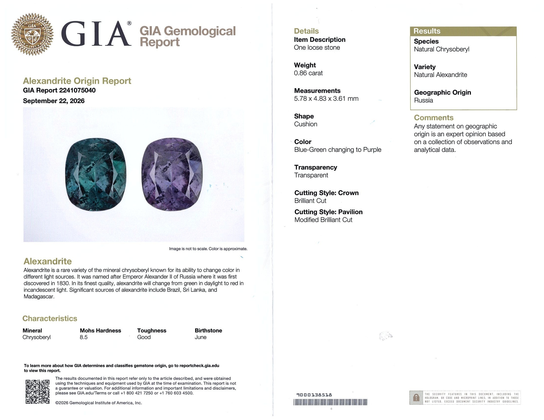 0.86 Ct. Alexandrite from Russia