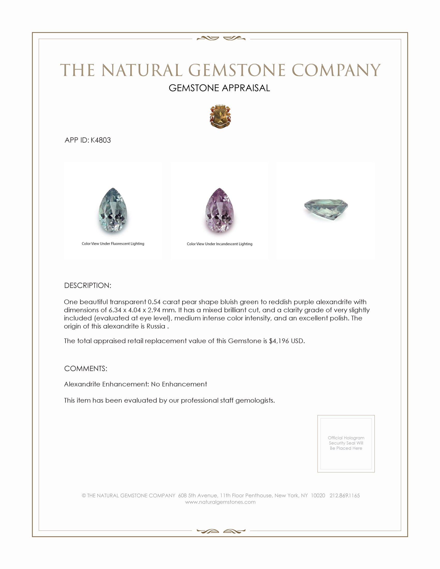 0.54 Ct. Alexandrite from Russia