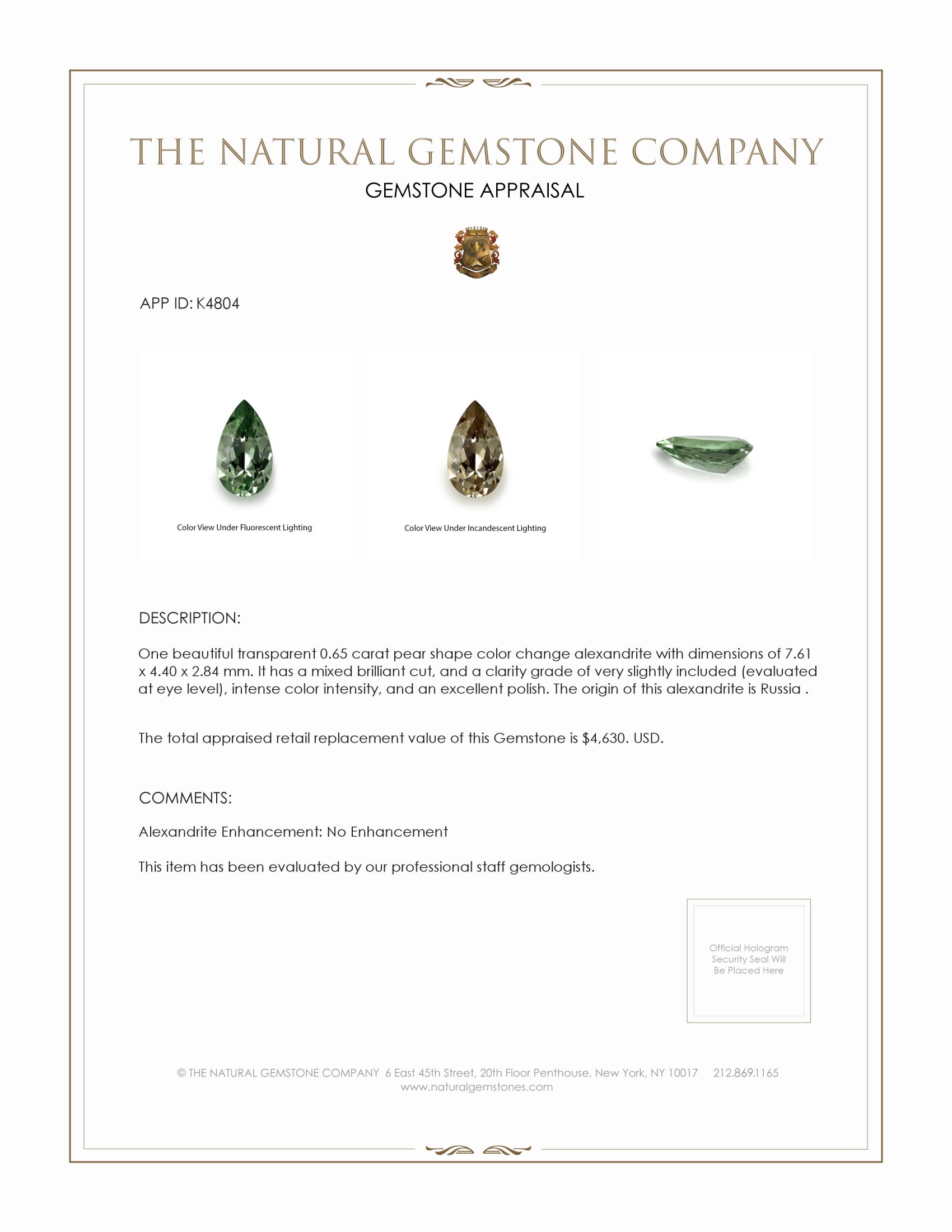 0.65 Ct. Alexandrite from Russia