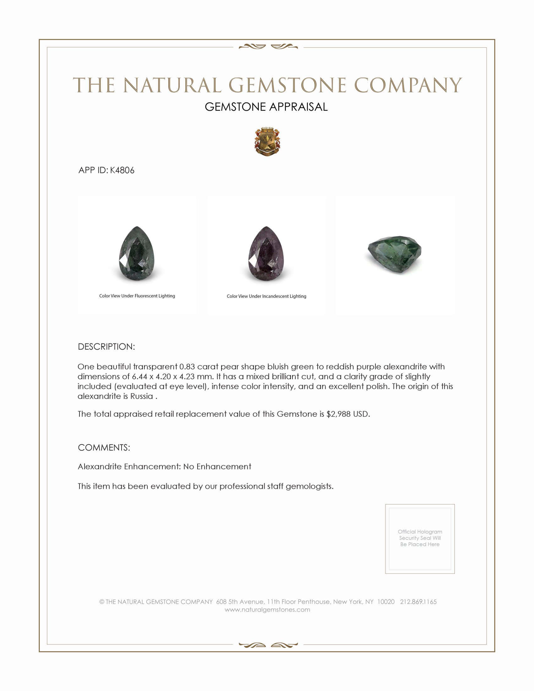 0.83 Ct. Alexandrite from Russia