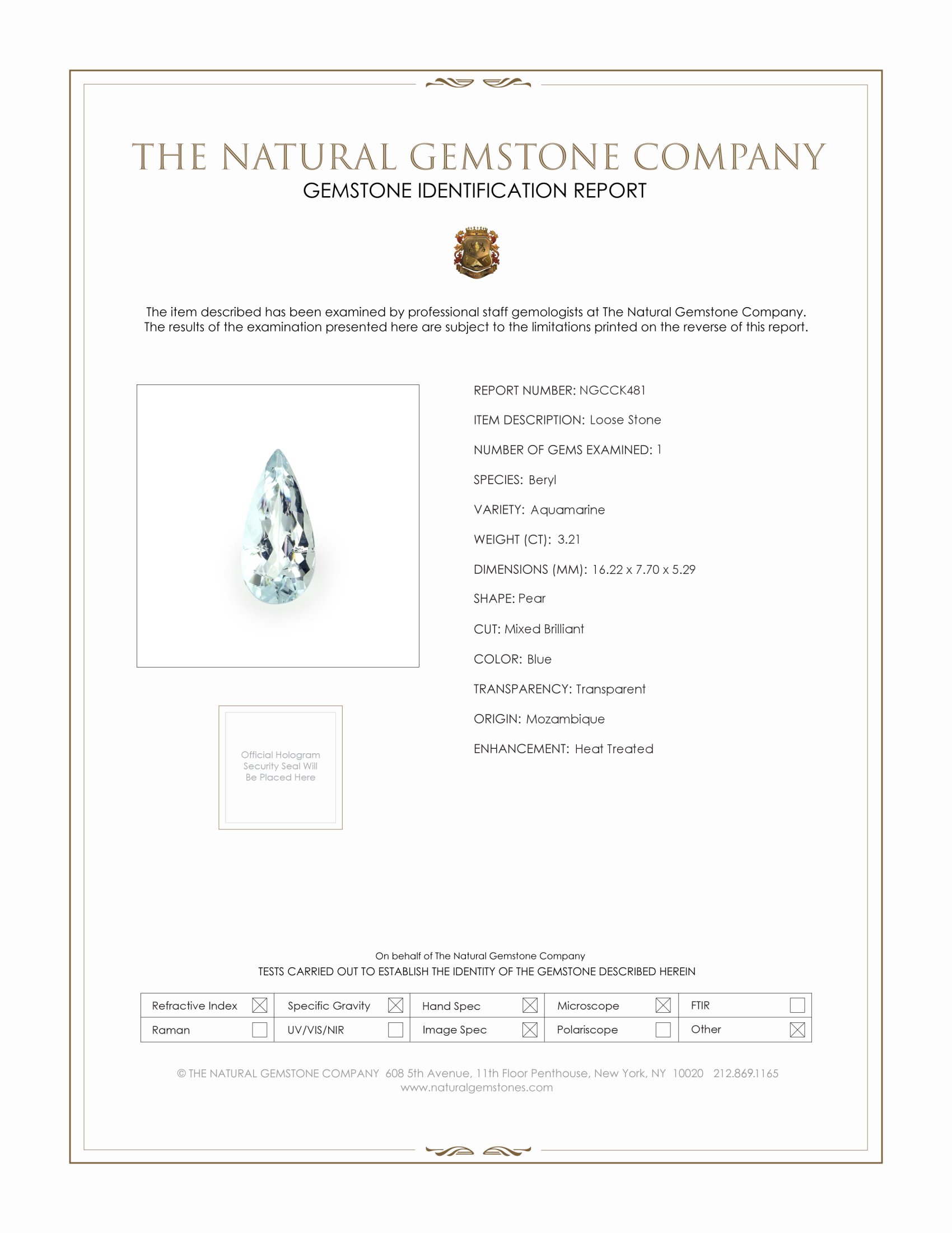 3.21 Ct. Blue Aquamarine from Mozambique
