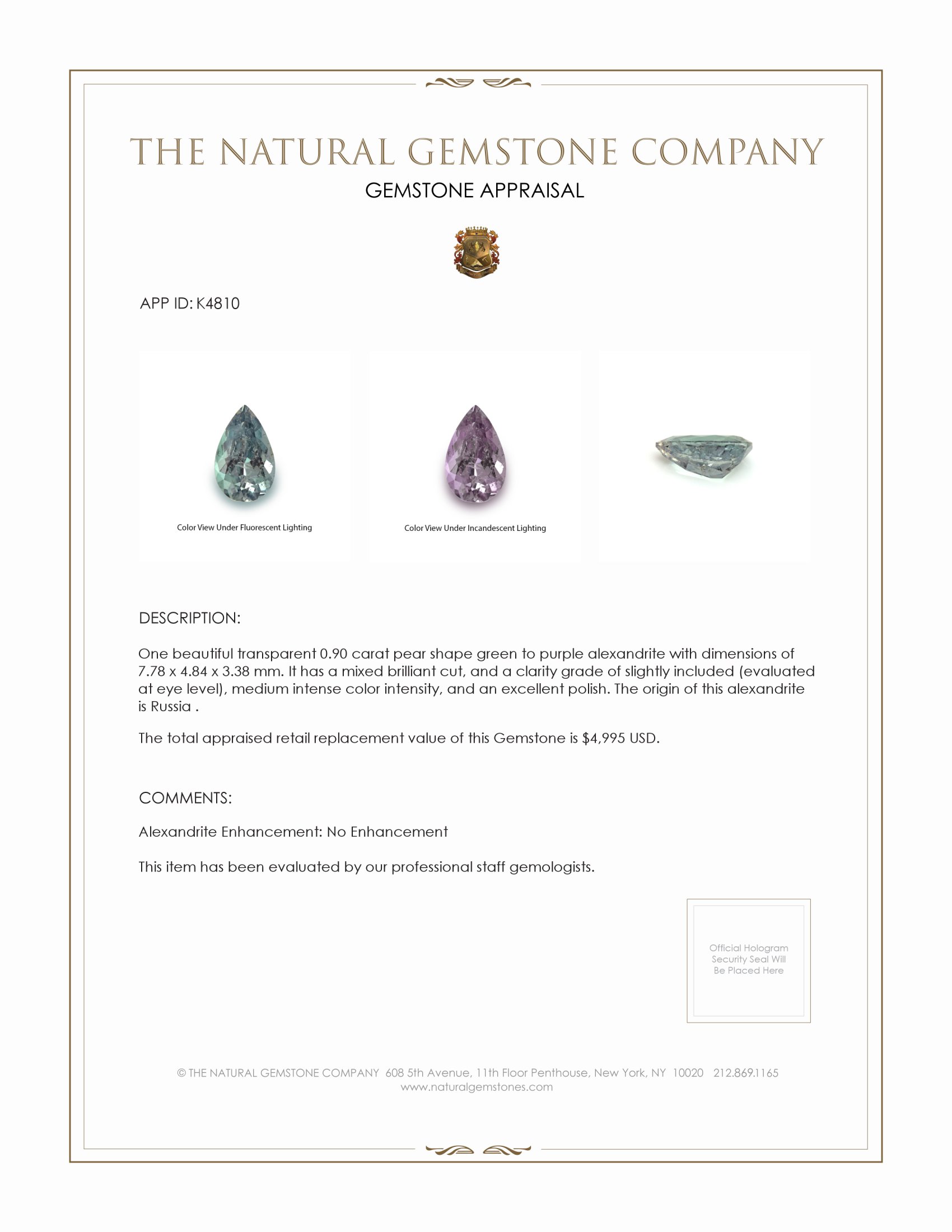 0.90 Ct. Alexandrite from Russia