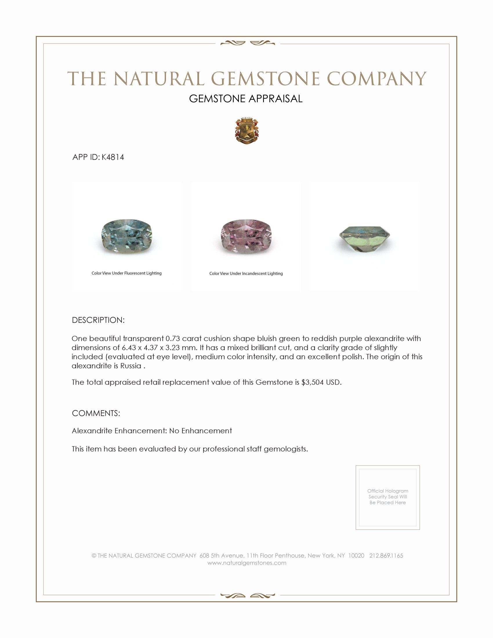 0.73 Ct. Alexandrite from Russia