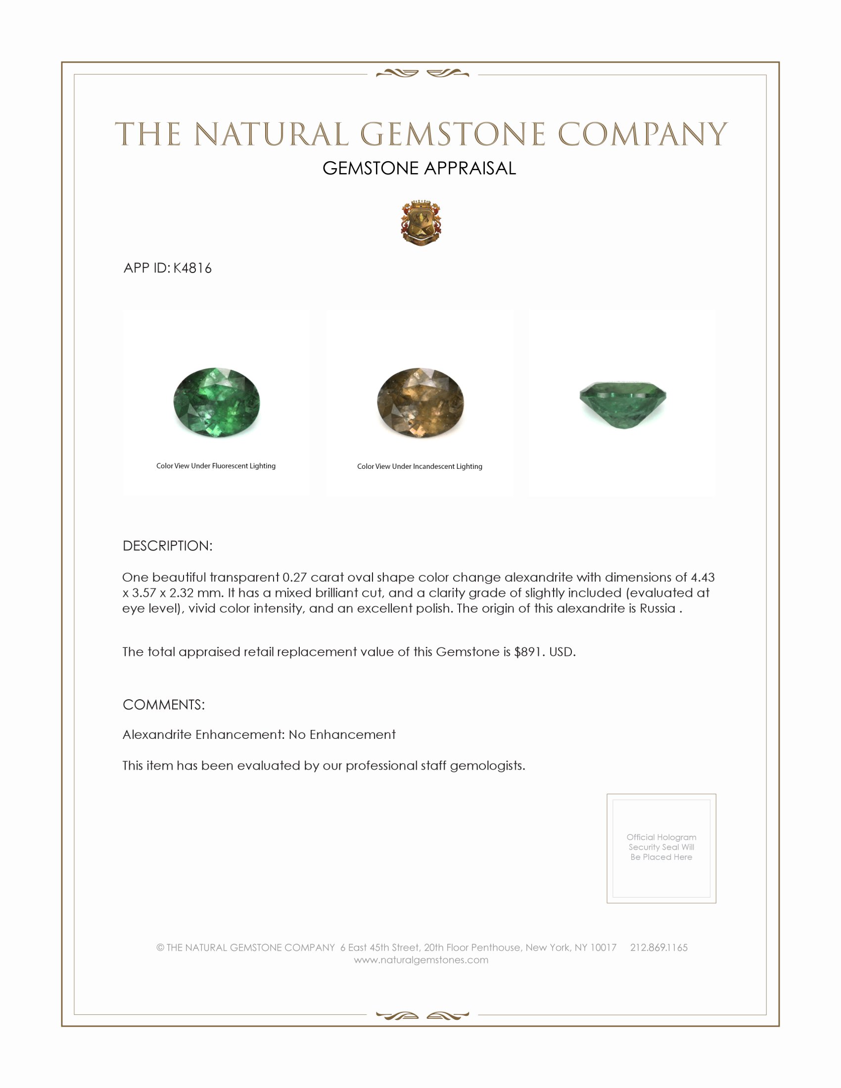 0.27 Ct. Alexandrite from Russia