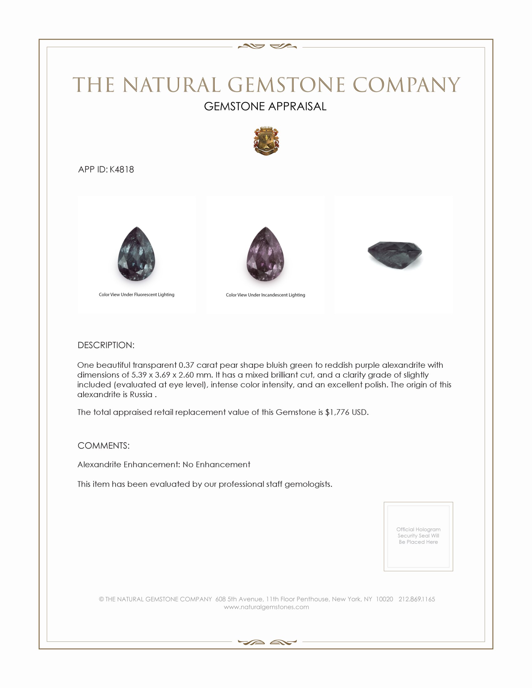 0.37 Ct. Alexandrite from Russia