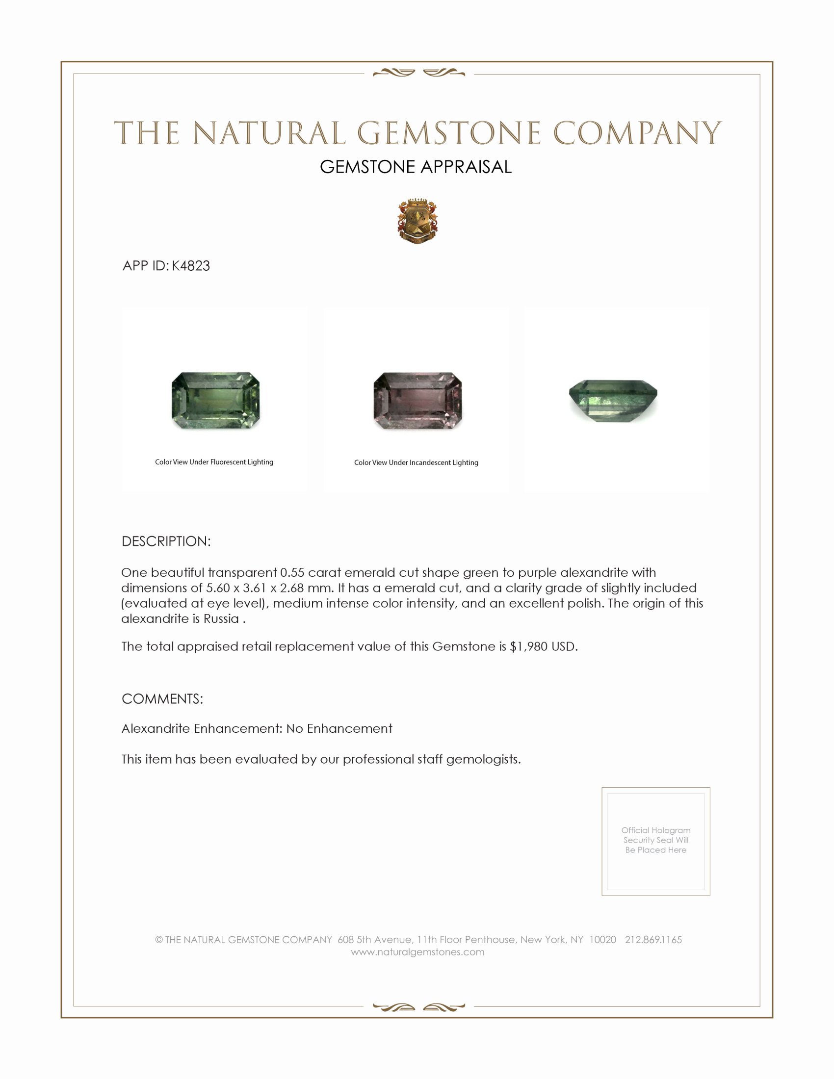 0.55 Ct. Alexandrite from Russia